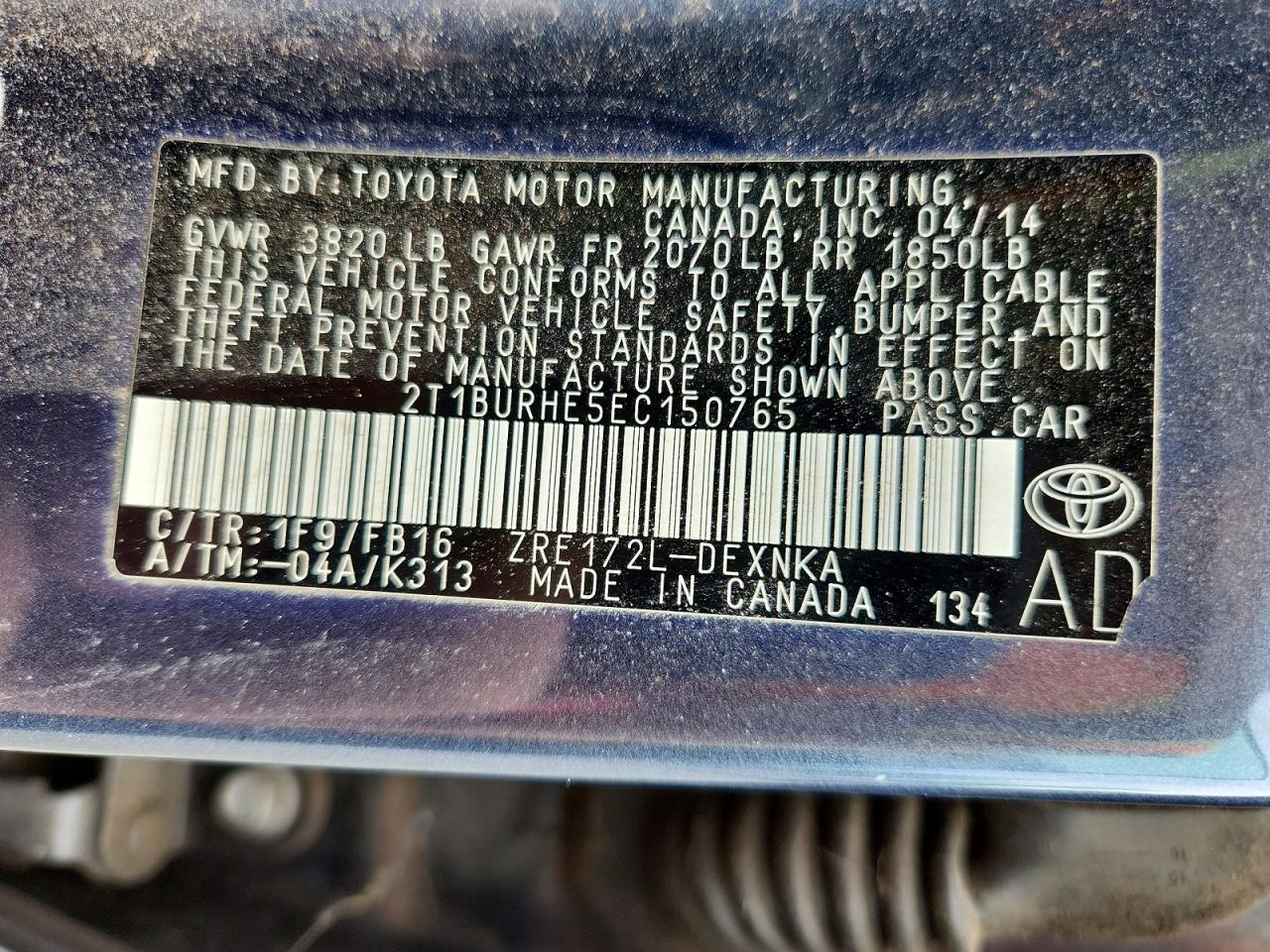 2014 Toyota Corolla Le Charcoal vin: 2T1BURHE5EC150765