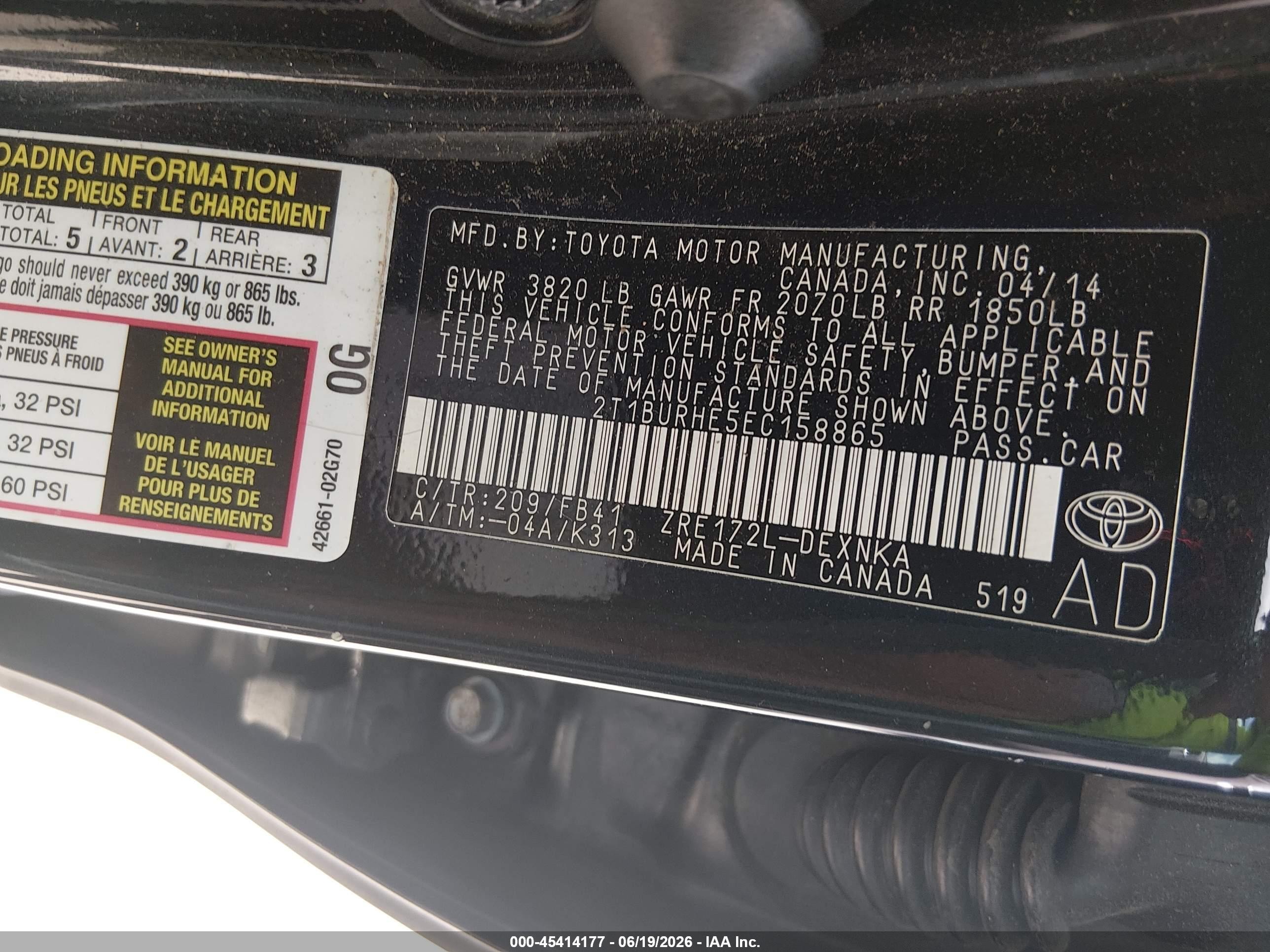 2014 Toyota Corolla Le Black vin: 2T1BURHE5EC158865
