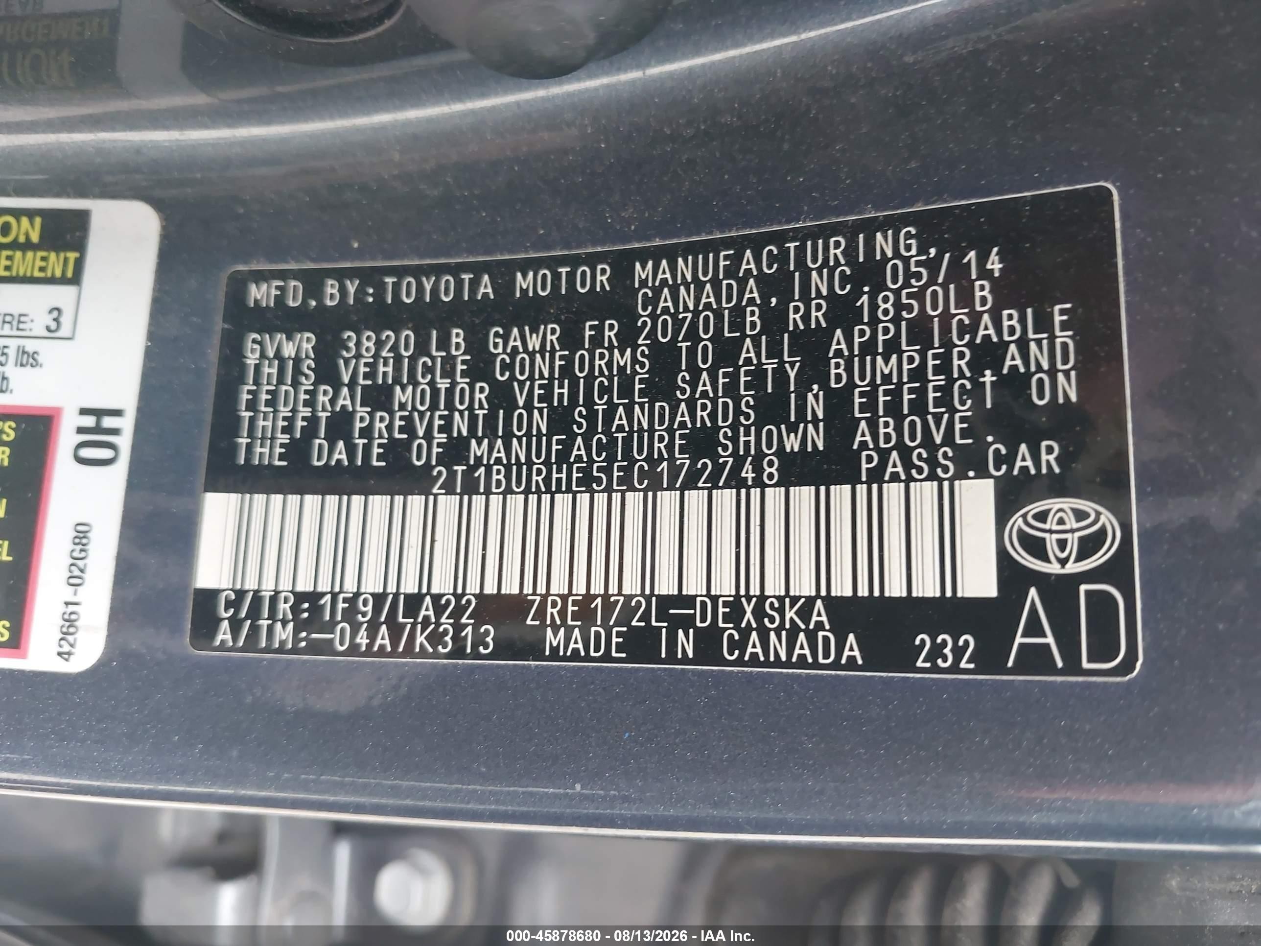 2014 Toyota Corolla S Premium Gray vin: 2T1BURHE5EC172748