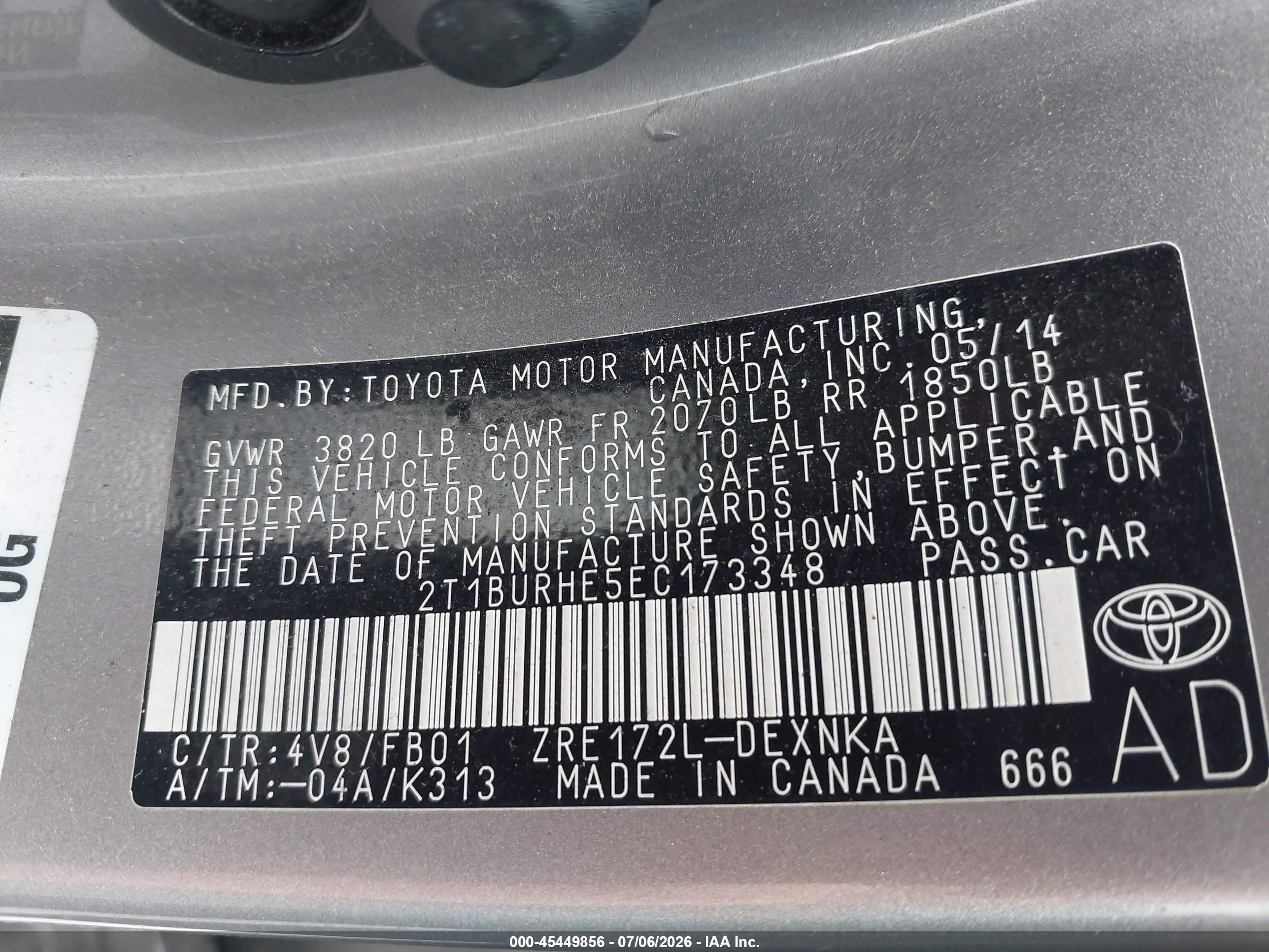 2014 Toyota Corolla Le Tan vin: 2T1BURHE5EC173348