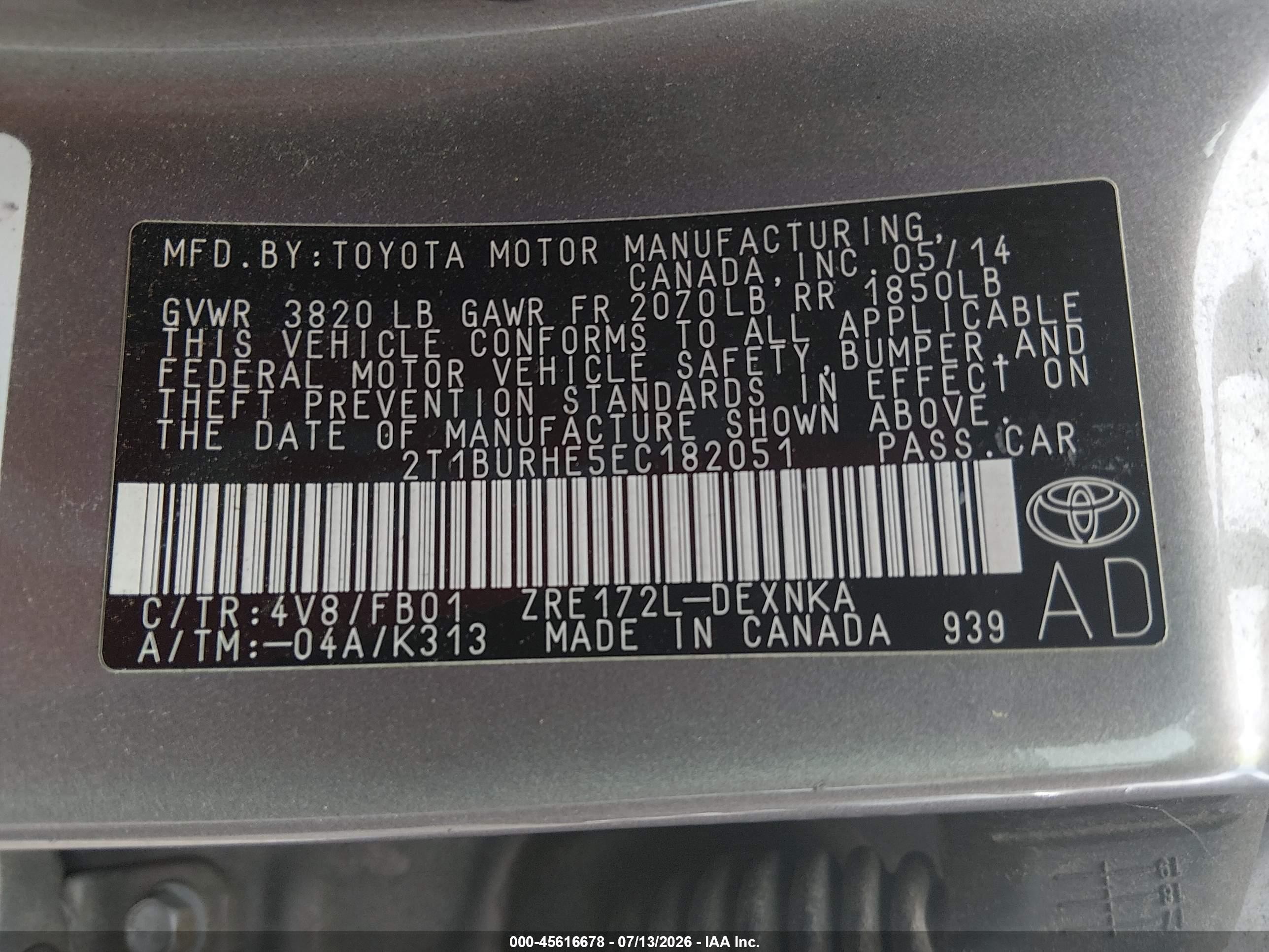 2014 Toyota Corolla Le Plus Gray vin: 2T1BURHE5EC182051