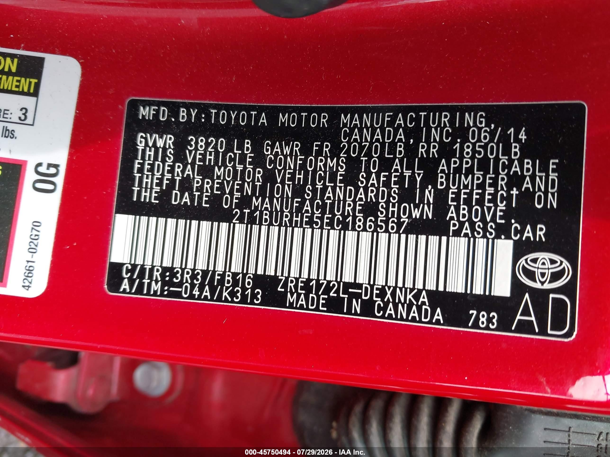 2014 Toyota Corolla Le Красный vin: 2T1BURHE5EC186567