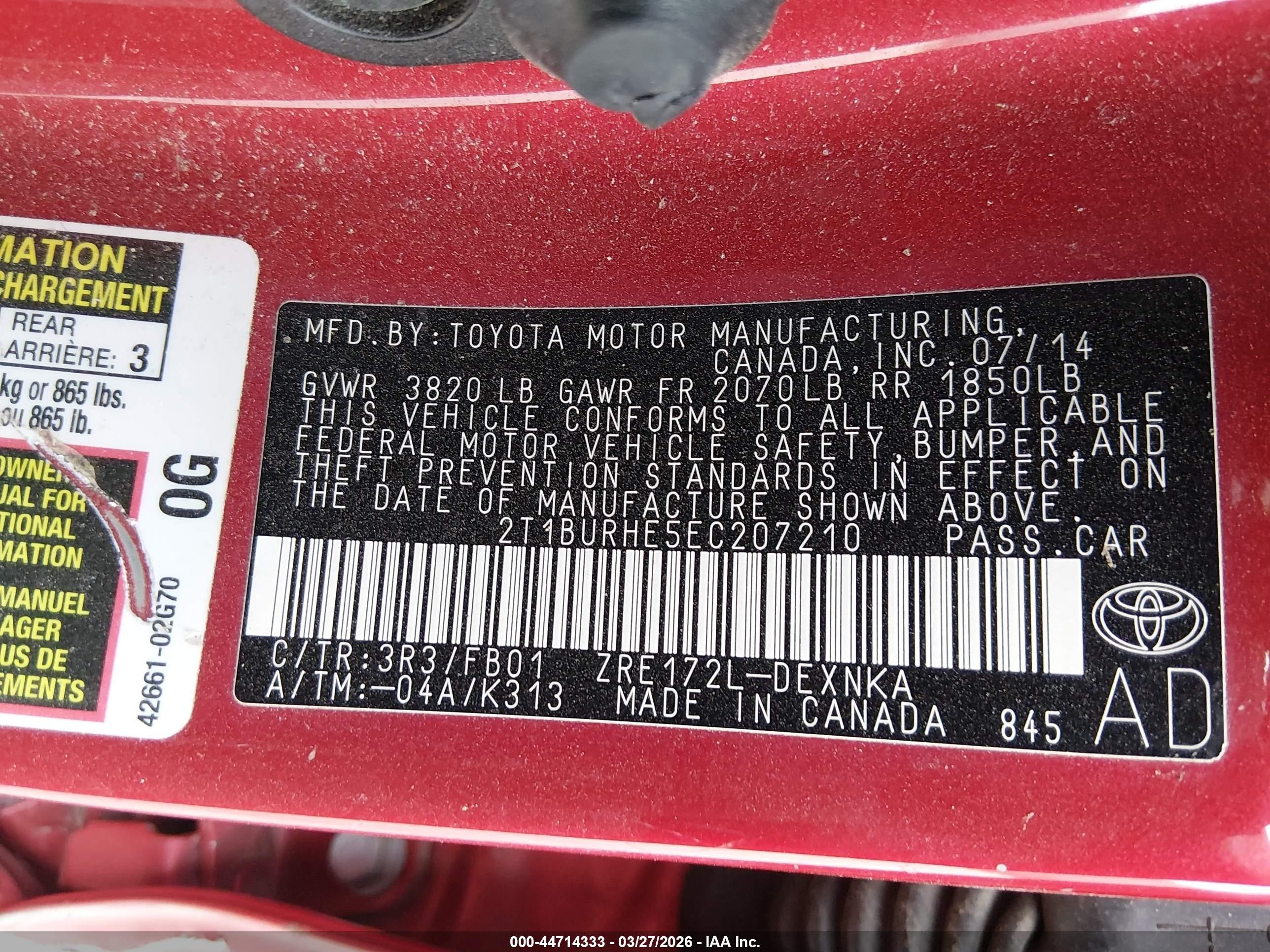 2014 Toyota Corolla Le Plus Red vin: 2T1BURHE5EC207210