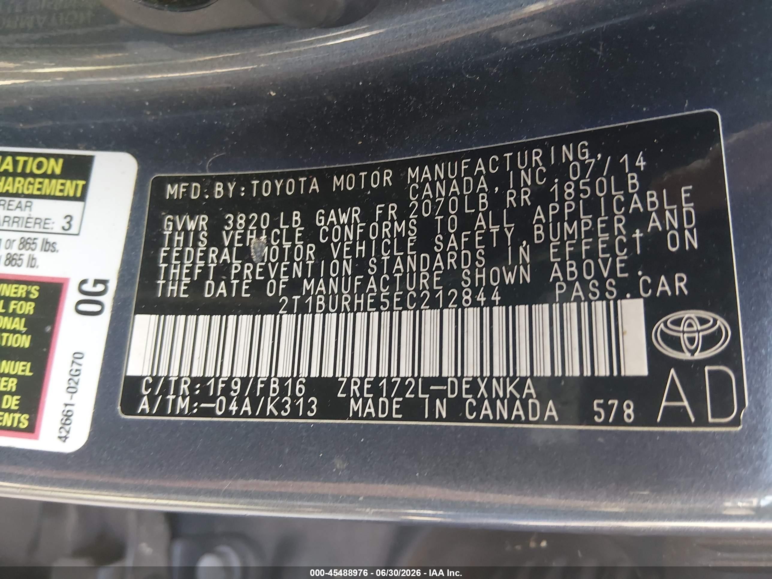 2014 Toyota Corolla Le Blue vin: 2T1BURHE5EC212844