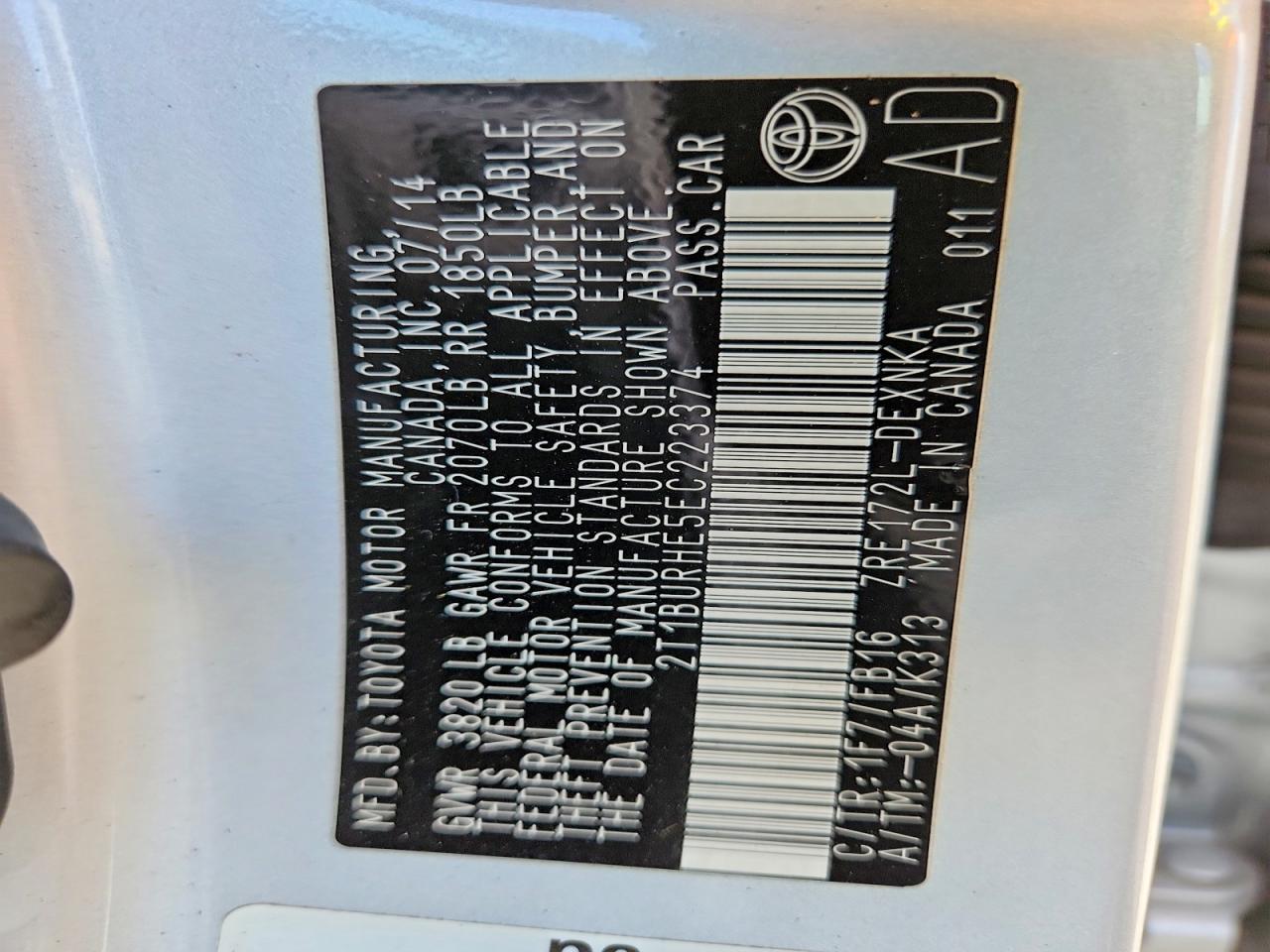 2014 Toyota Corolla Le Silver vin: 2T1BURHE5EC223374