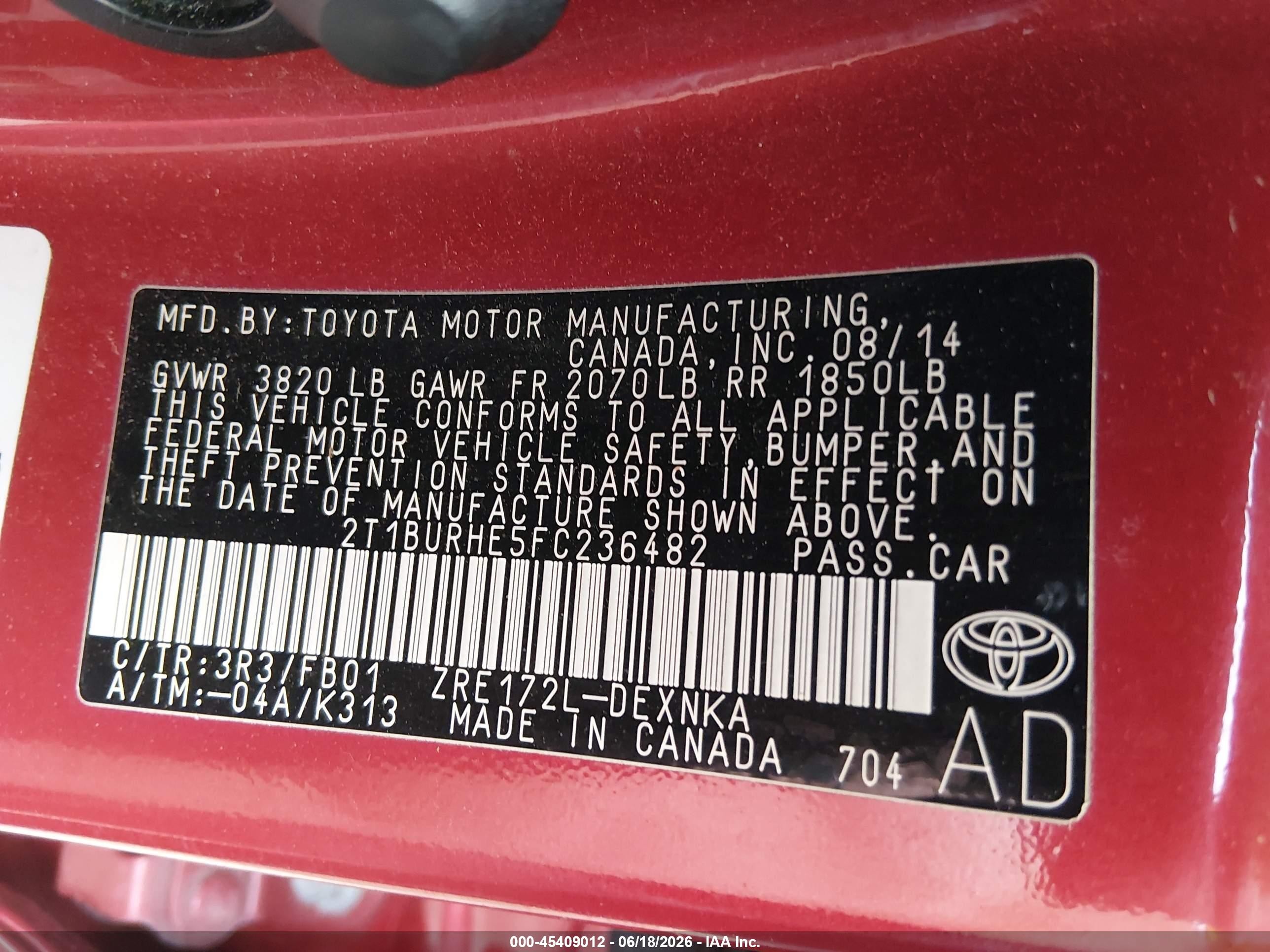 2015 Toyota Corolla Le Plus Red vin: 2T1BURHE5FC236482