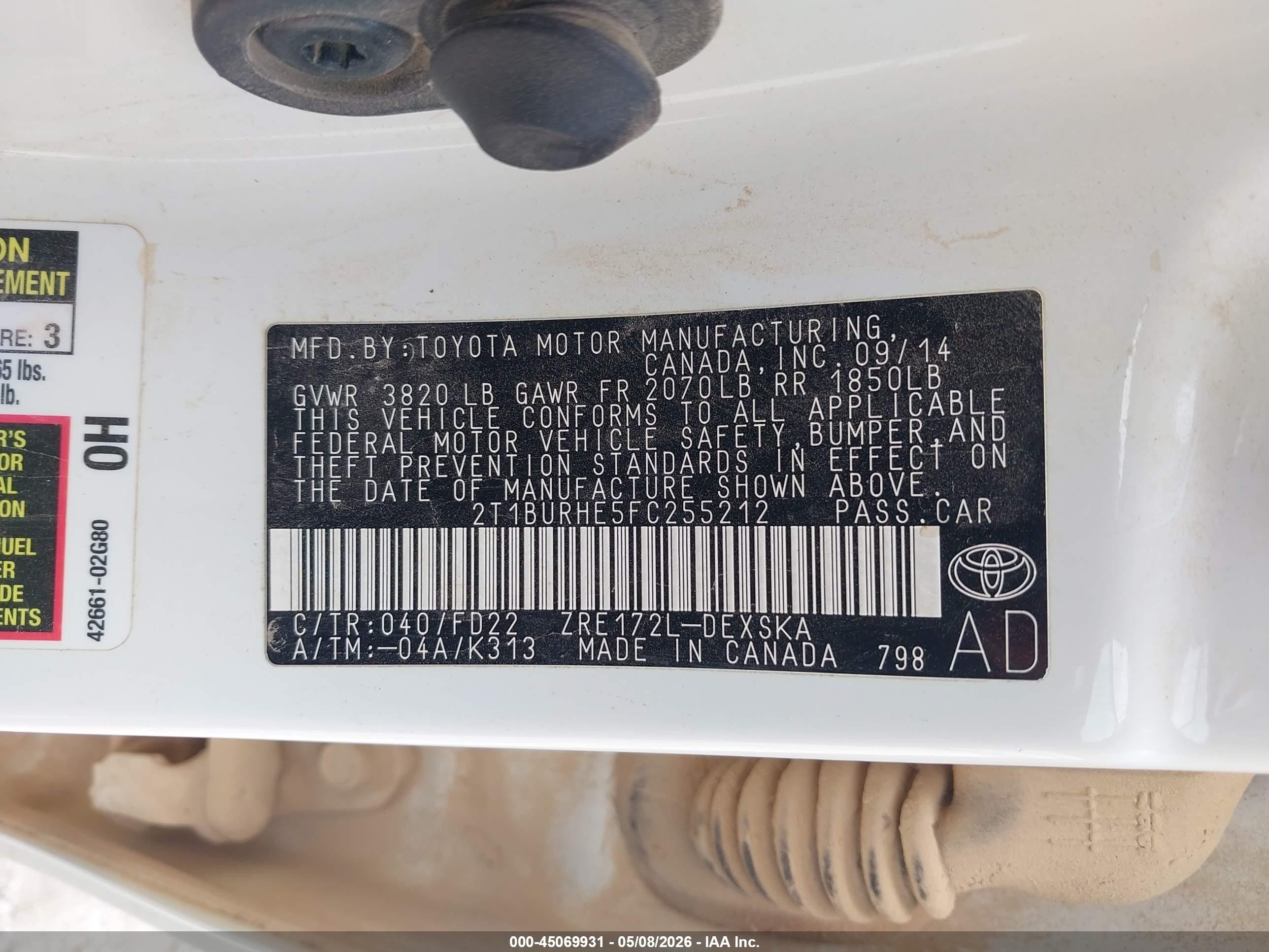 2015 Toyota Corolla S Plus White vin: 2T1BURHE5FC255212
