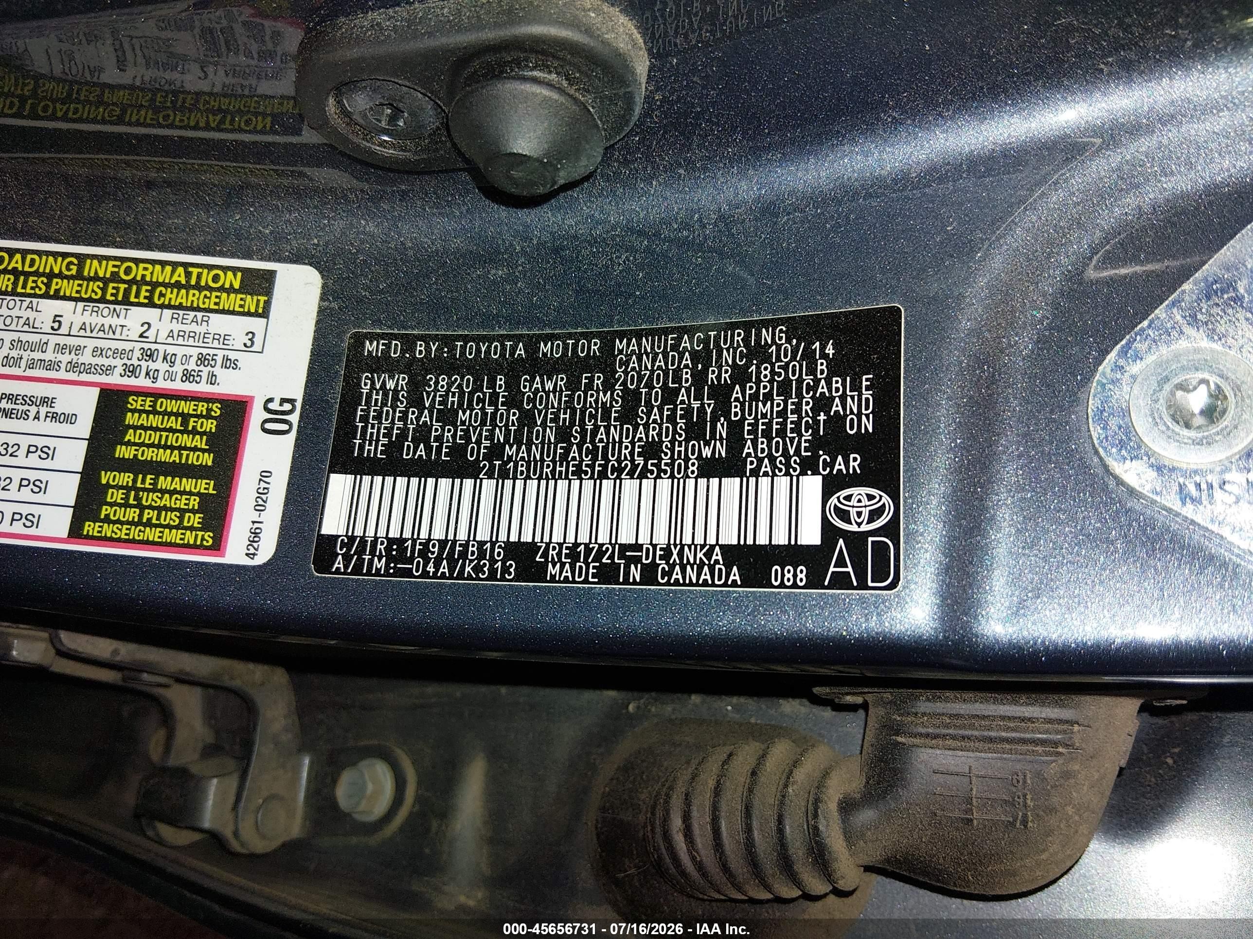 2015 Toyota Corolla Le Gray vin: 2T1BURHE5FC275508