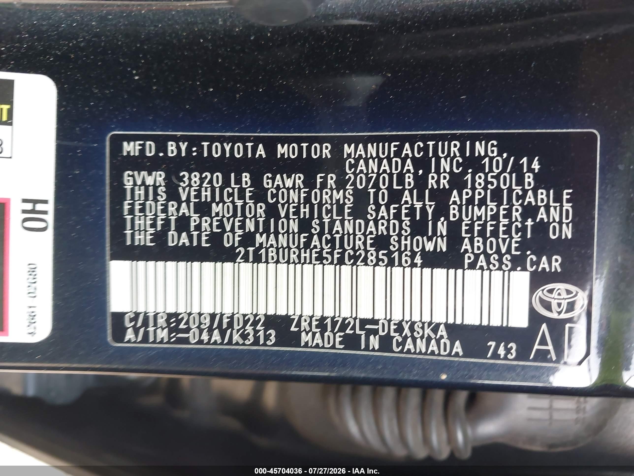 2015 Toyota Corolla S Plus Black vin: 2T1BURHE5FC285164