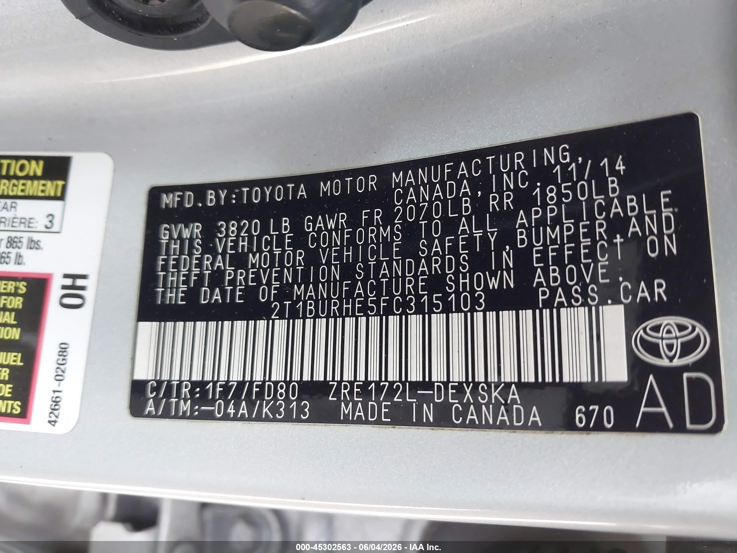 2015 Toyota Corolla S Plus Silver vin: 2T1BURHE5FC315103