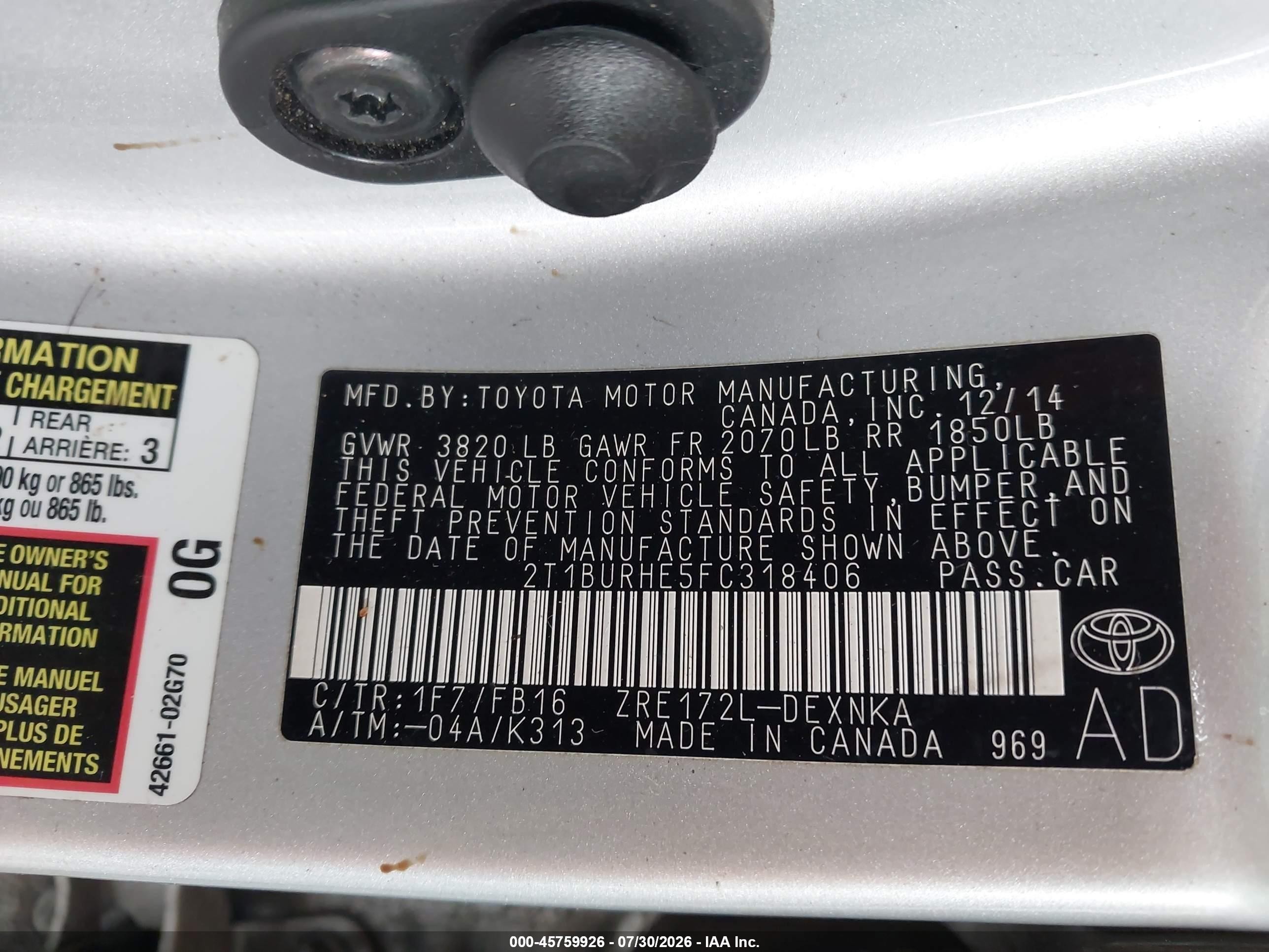2015 Toyota Corolla Le Silver vin: 2T1BURHE5FC318406