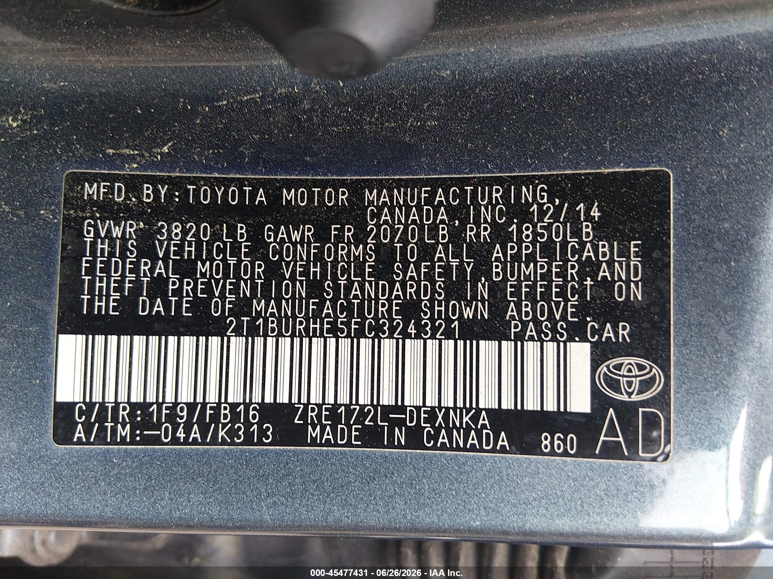 2015 Toyota Corolla Le Blue vin: 2T1BURHE5FC324321