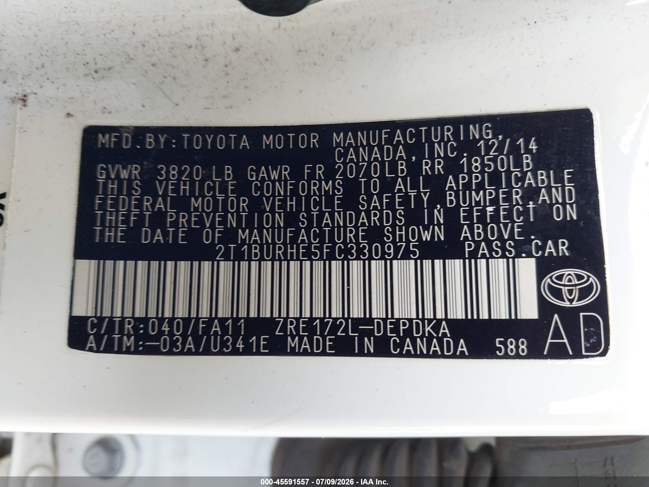 2015 Toyota Corolla L Белый vin: 2T1BURHE5FC330975