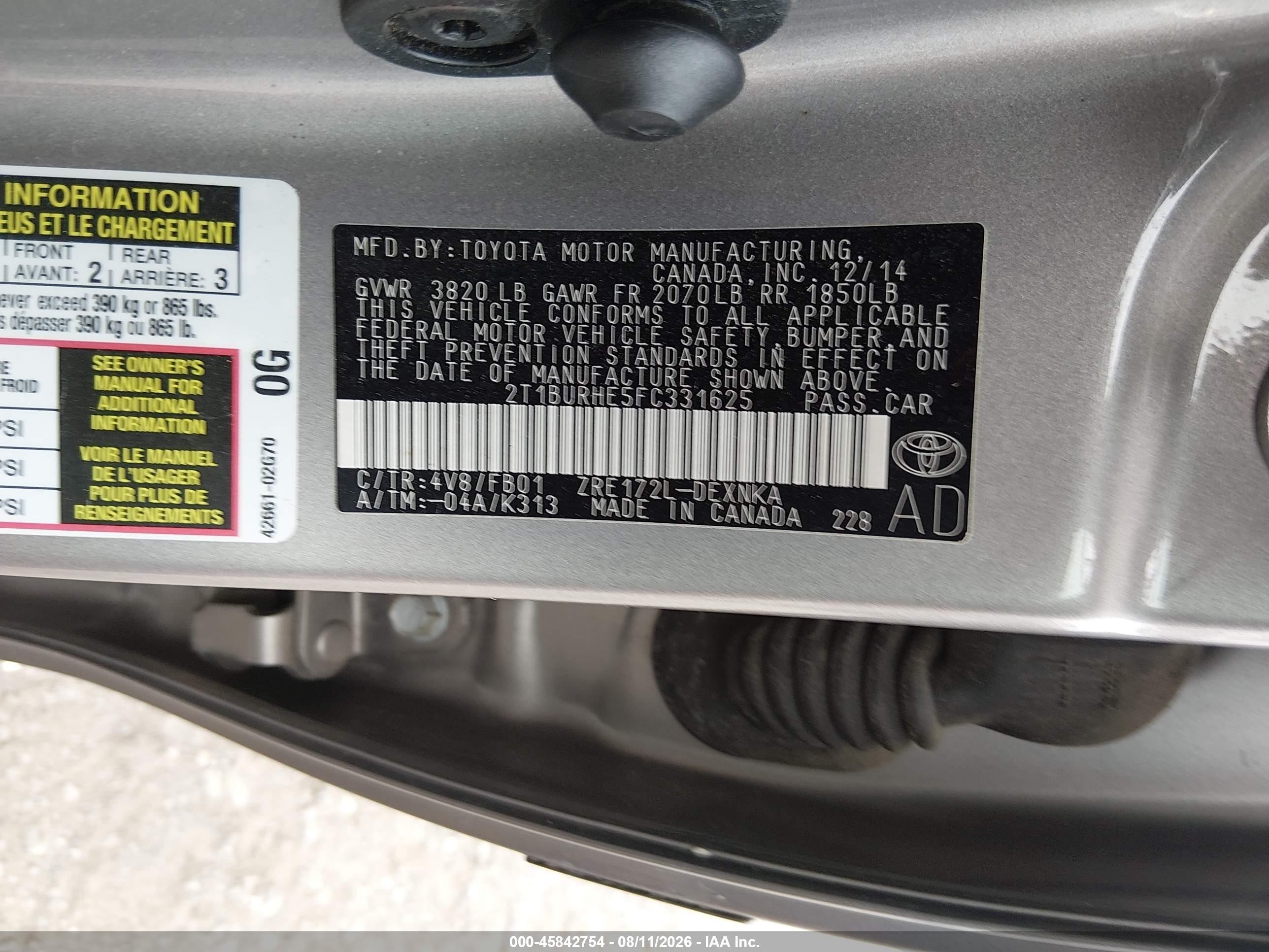 2015 Toyota Corolla Le Silver vin: 2T1BURHE5FC331625