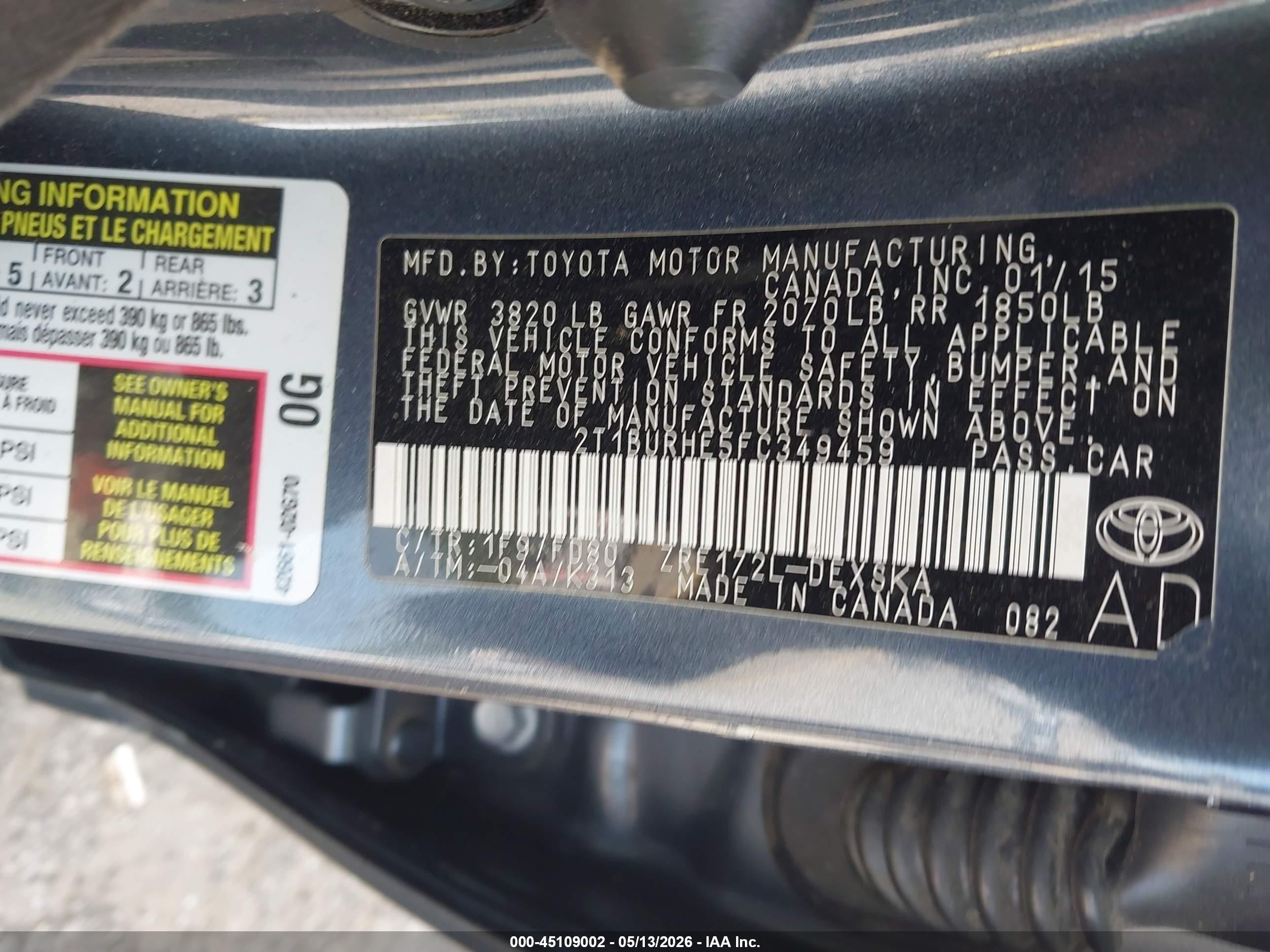 2015 Toyota Corolla S Gray vin: 2T1BURHE5FC349459