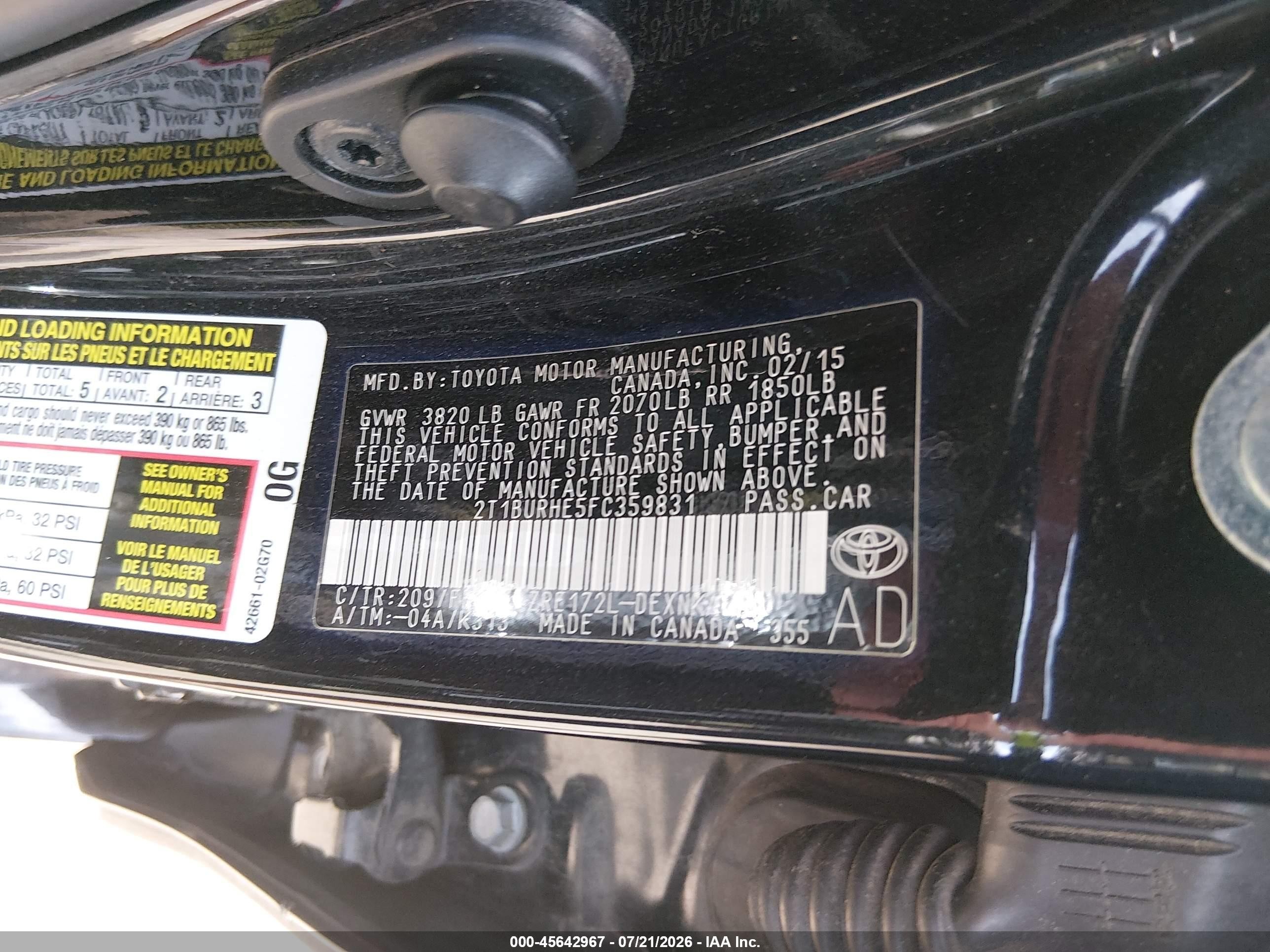 2015 Toyota Corolla Le Black vin: 2T1BURHE5FC359831
