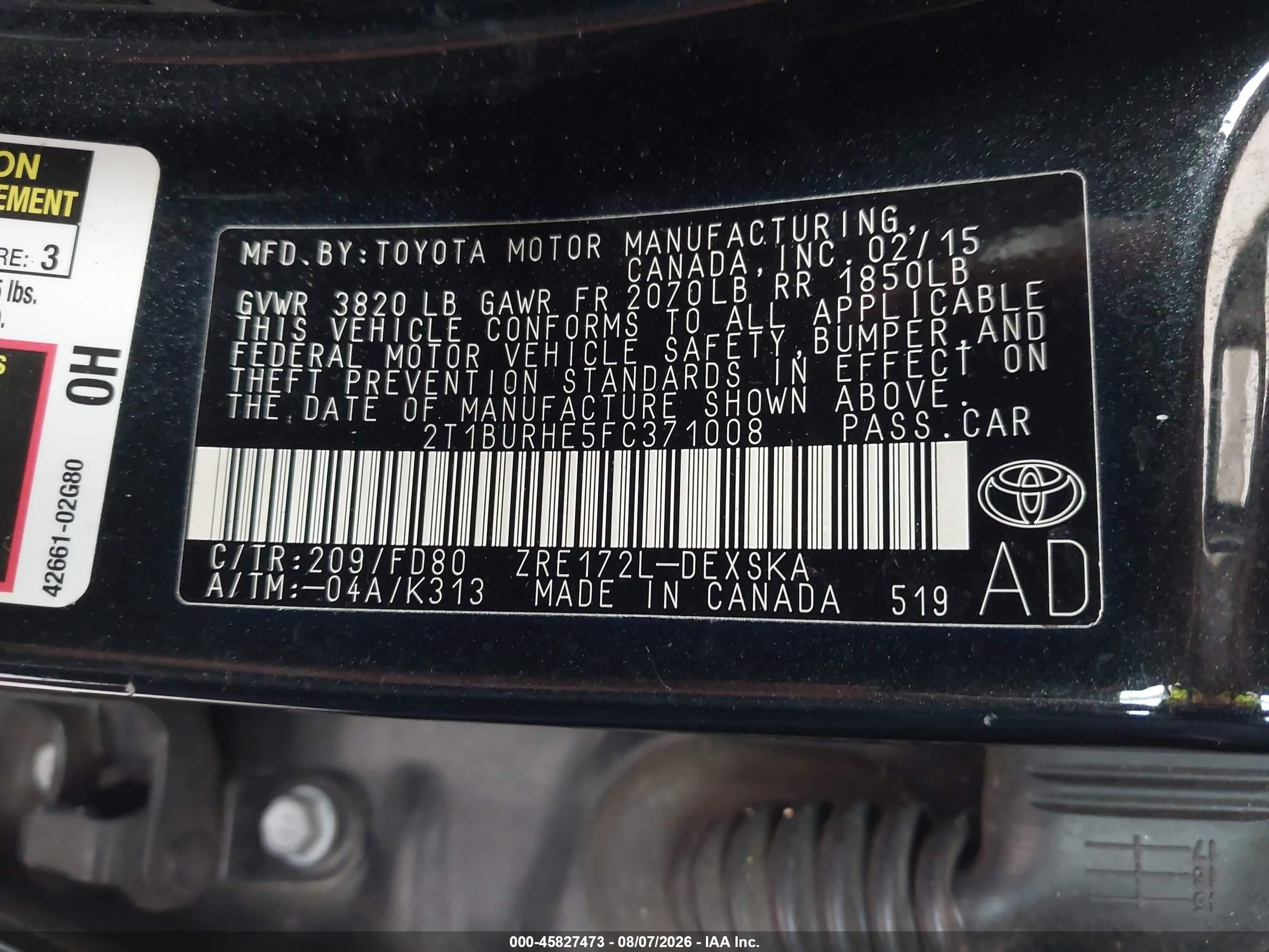 2015 Toyota Corolla S Plus Black vin: 2T1BURHE5FC371008