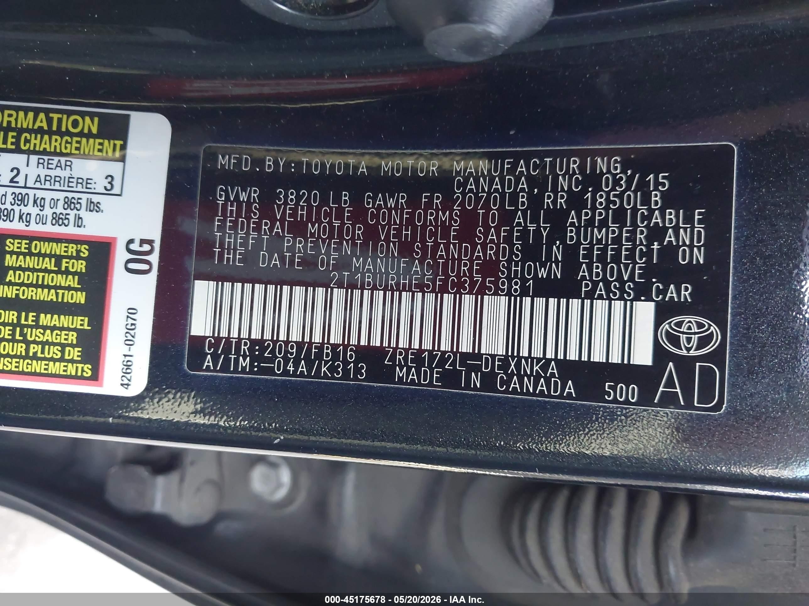 2015 Toyota Corolla Le Black vin: 2T1BURHE5FC375981