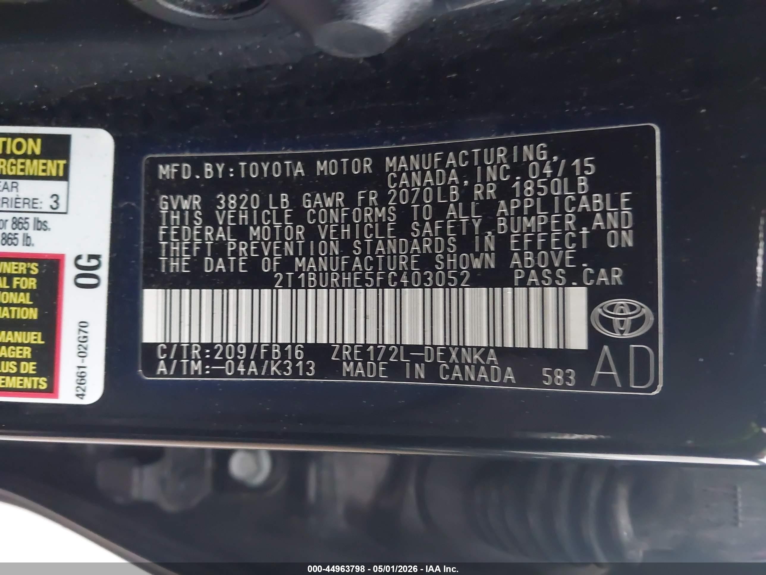2015 Toyota Corolla Le Black vin: 2T1BURHE5FC403052
