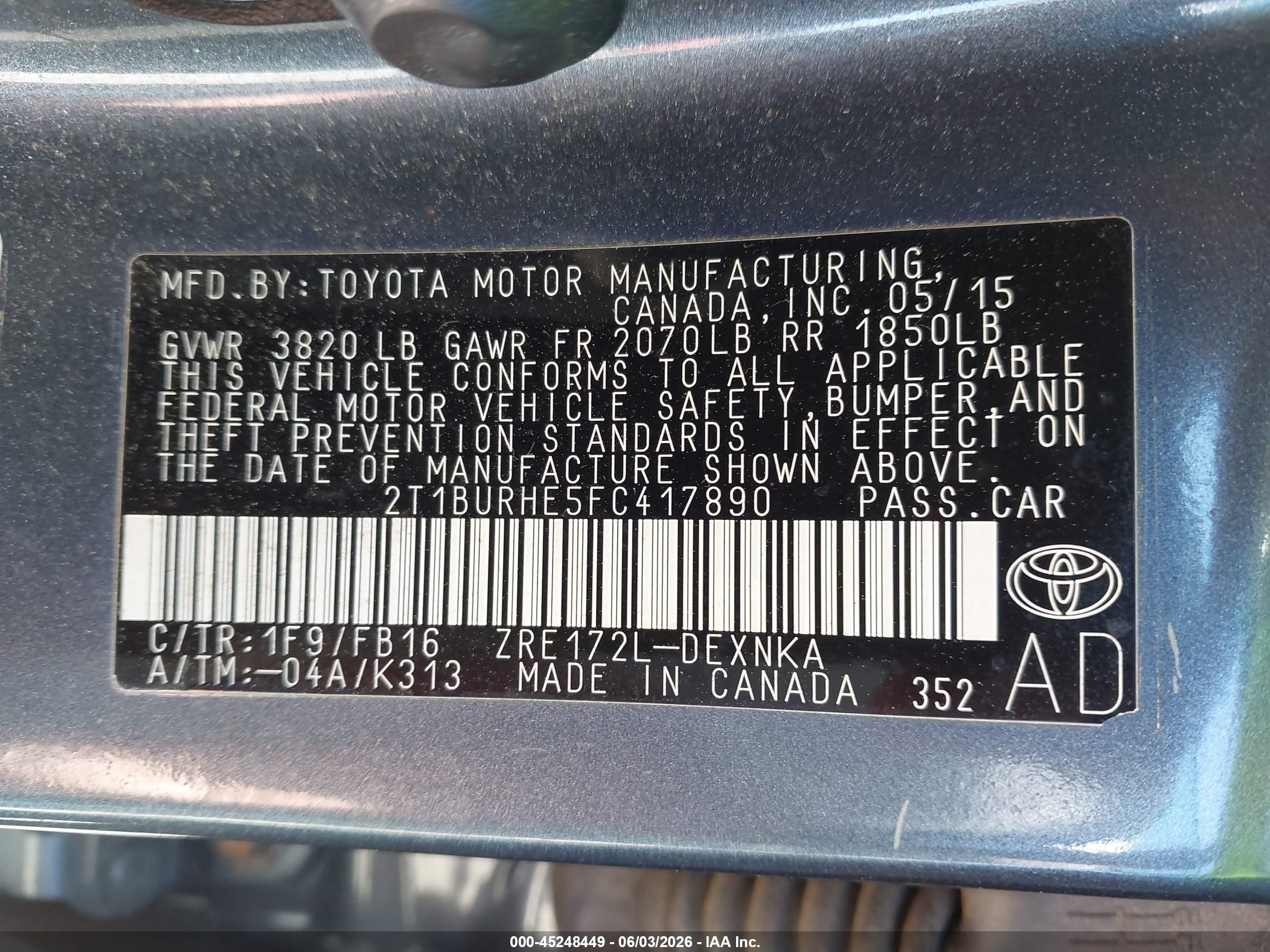 2015 Toyota Corolla Le Gray vin: 2T1BURHE5FC417890