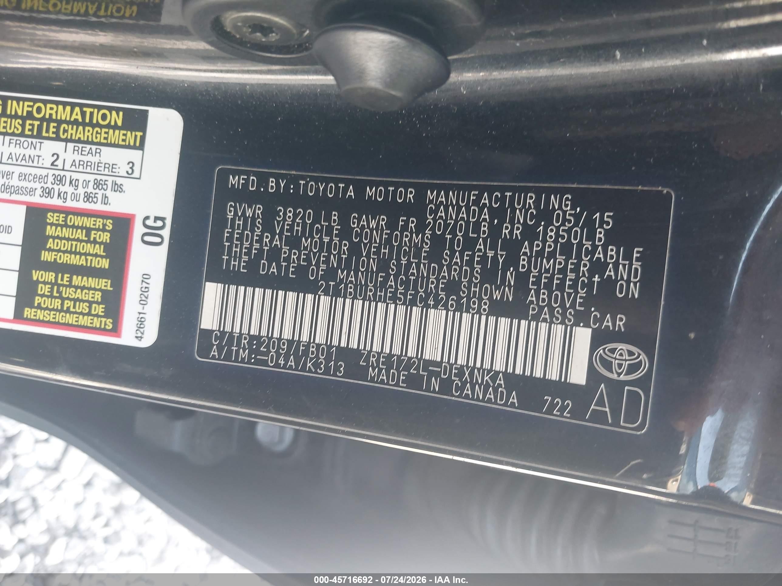2015 Toyota Corolla Le Черный vin: 2T1BURHE5FC426198