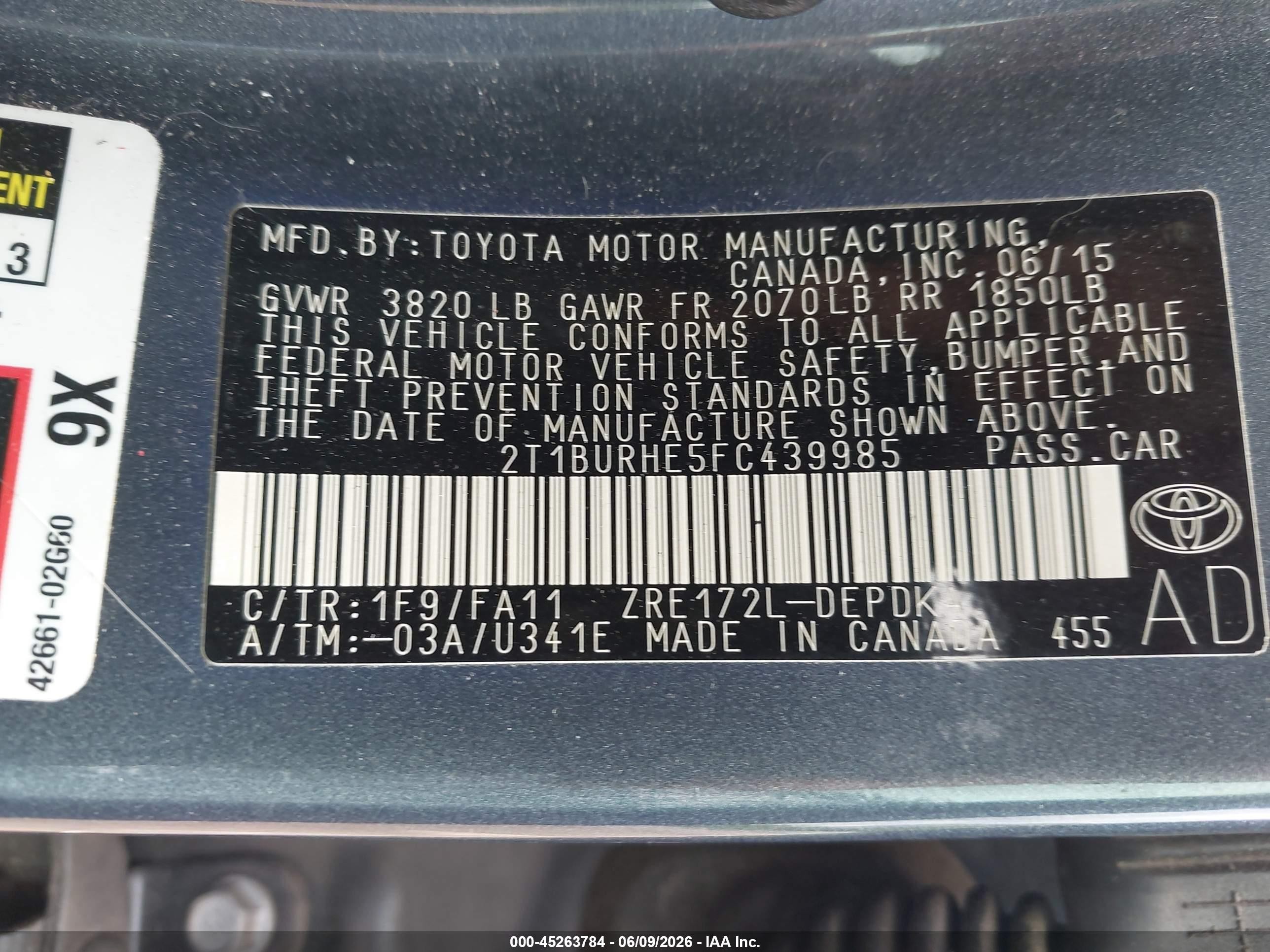 2015 Toyota Corolla L Black vin: 2T1BURHE5FC439985
