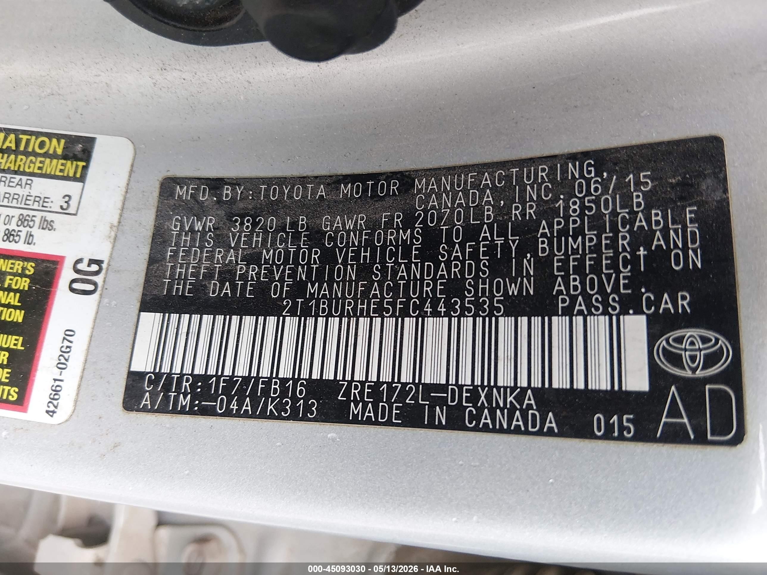 2015 Toyota Corolla Le Серебряный vin: 2T1BURHE5FC443535