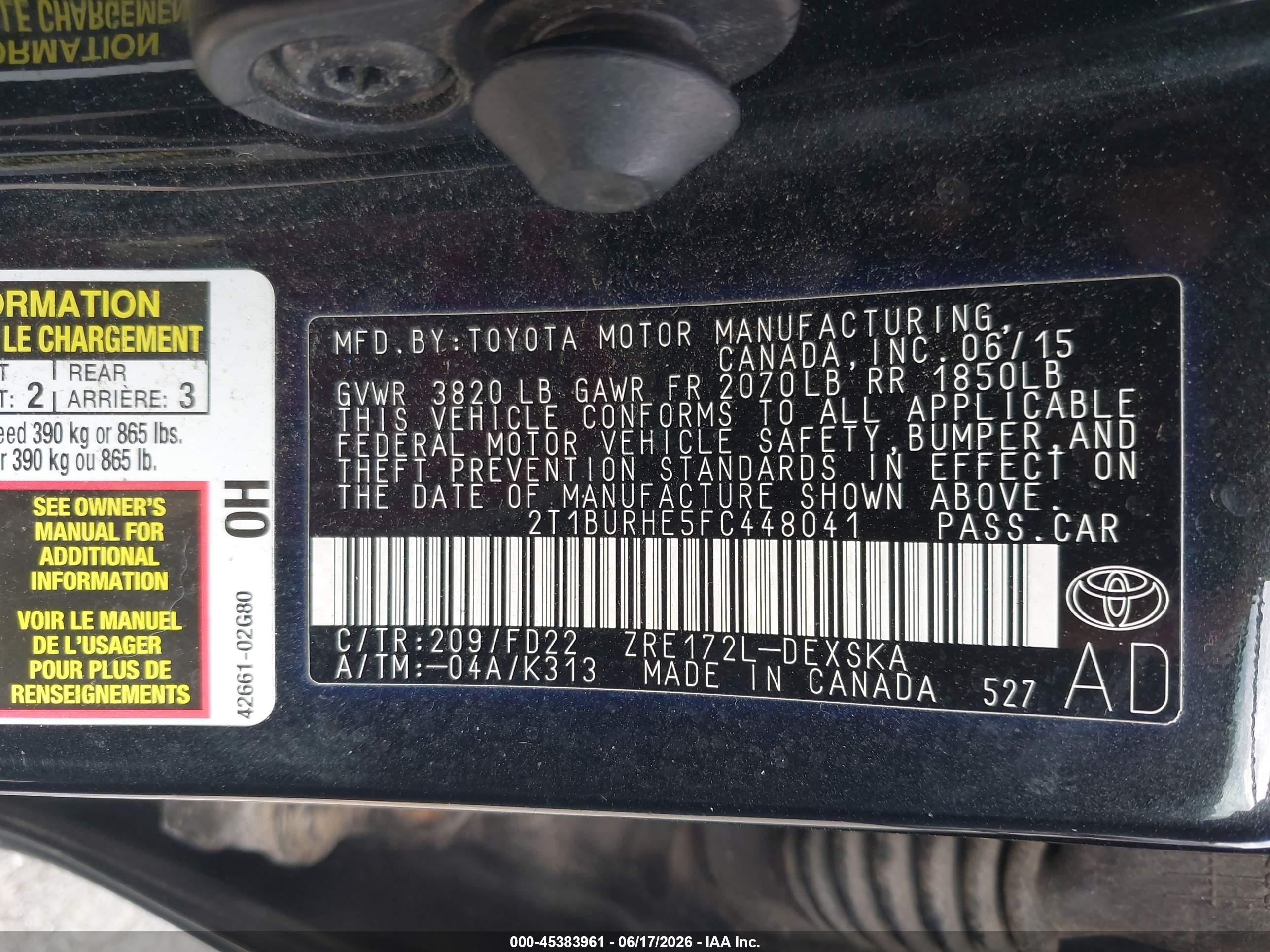 2015 Toyota Corolla S Plus Black vin: 2T1BURHE5FC448041