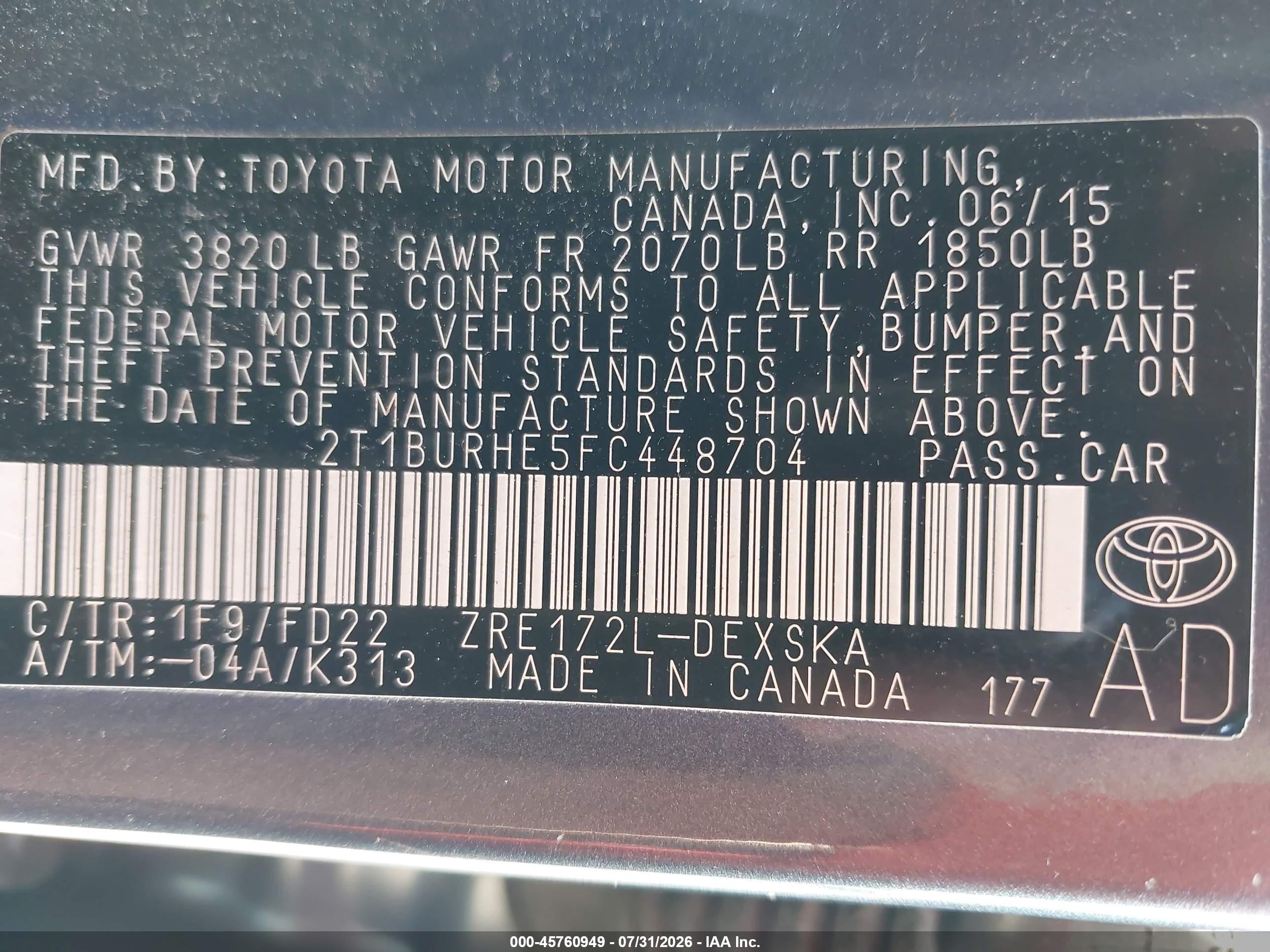 2015 Toyota Corolla S Plus Gray vin: 2T1BURHE5FC448704