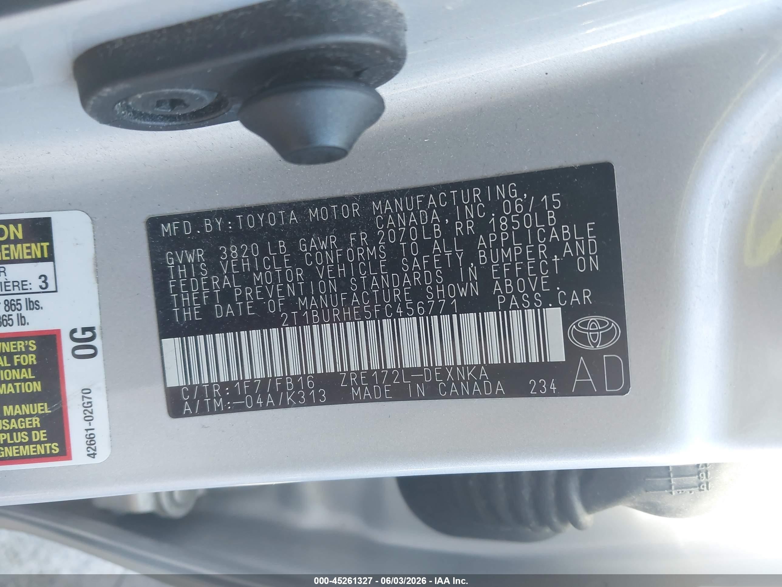 2015 Toyota Corolla Le Silver vin: 2T1BURHE5FC456771