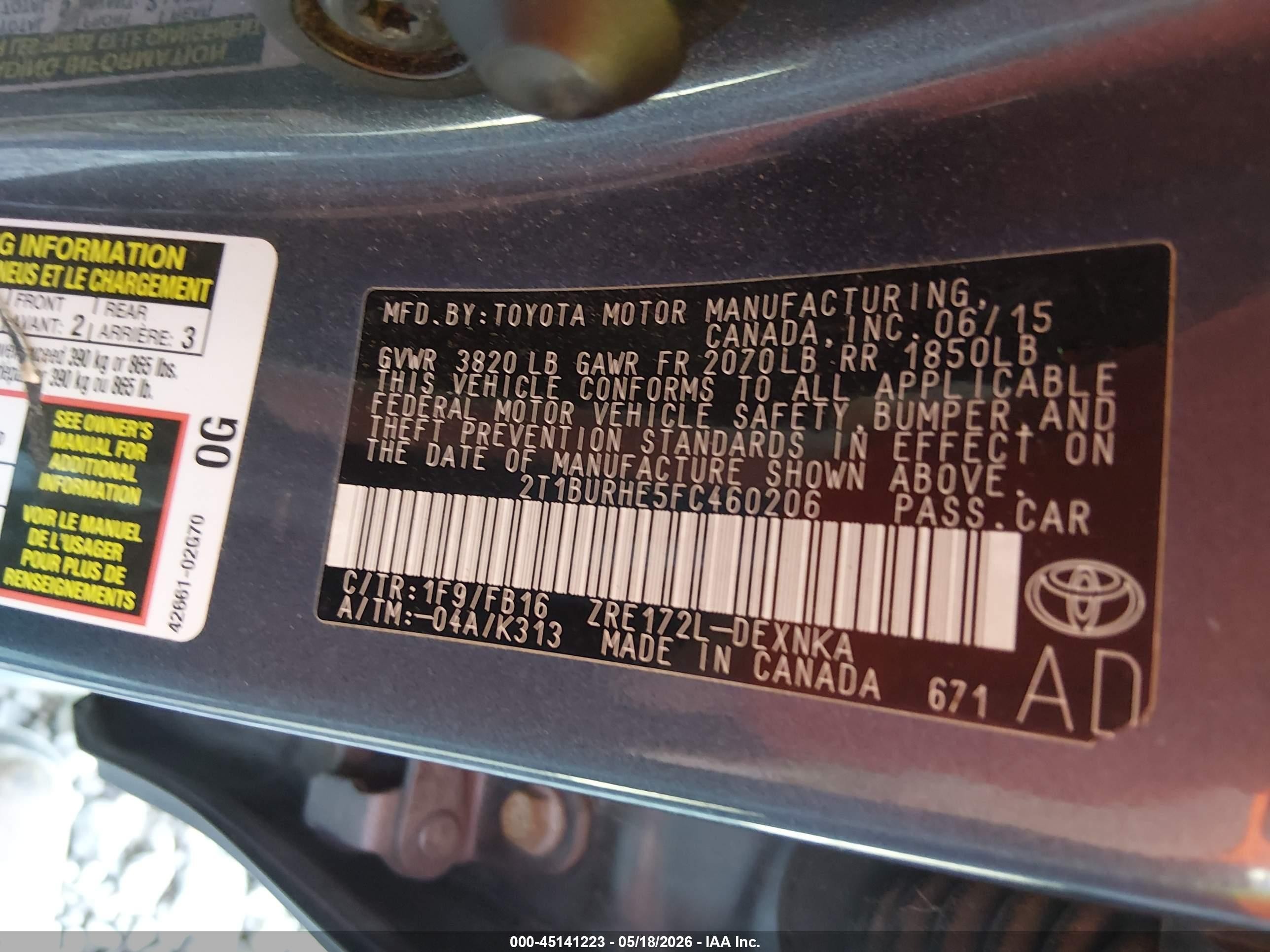 2015 Toyota Corolla Le Gray vin: 2T1BURHE5FC460206