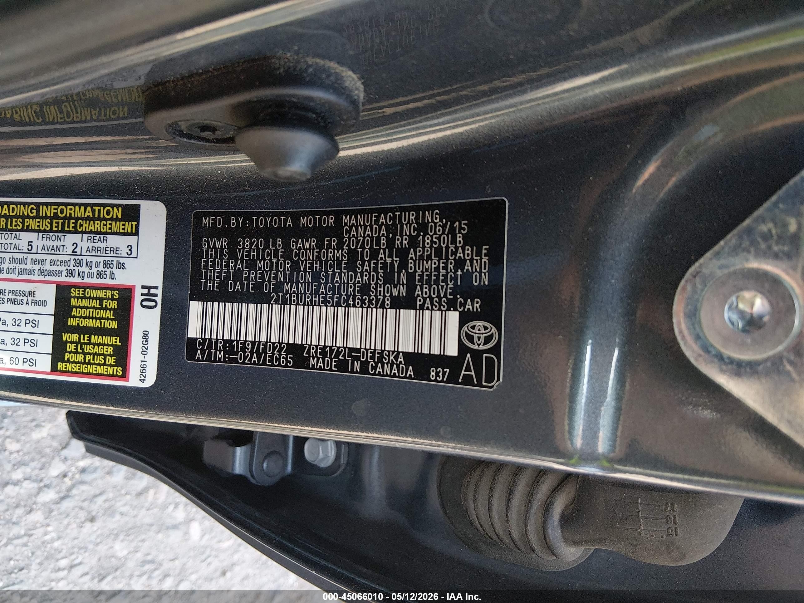 2015 Toyota Corolla S Plus Gray vin: 2T1BURHE5FC463378