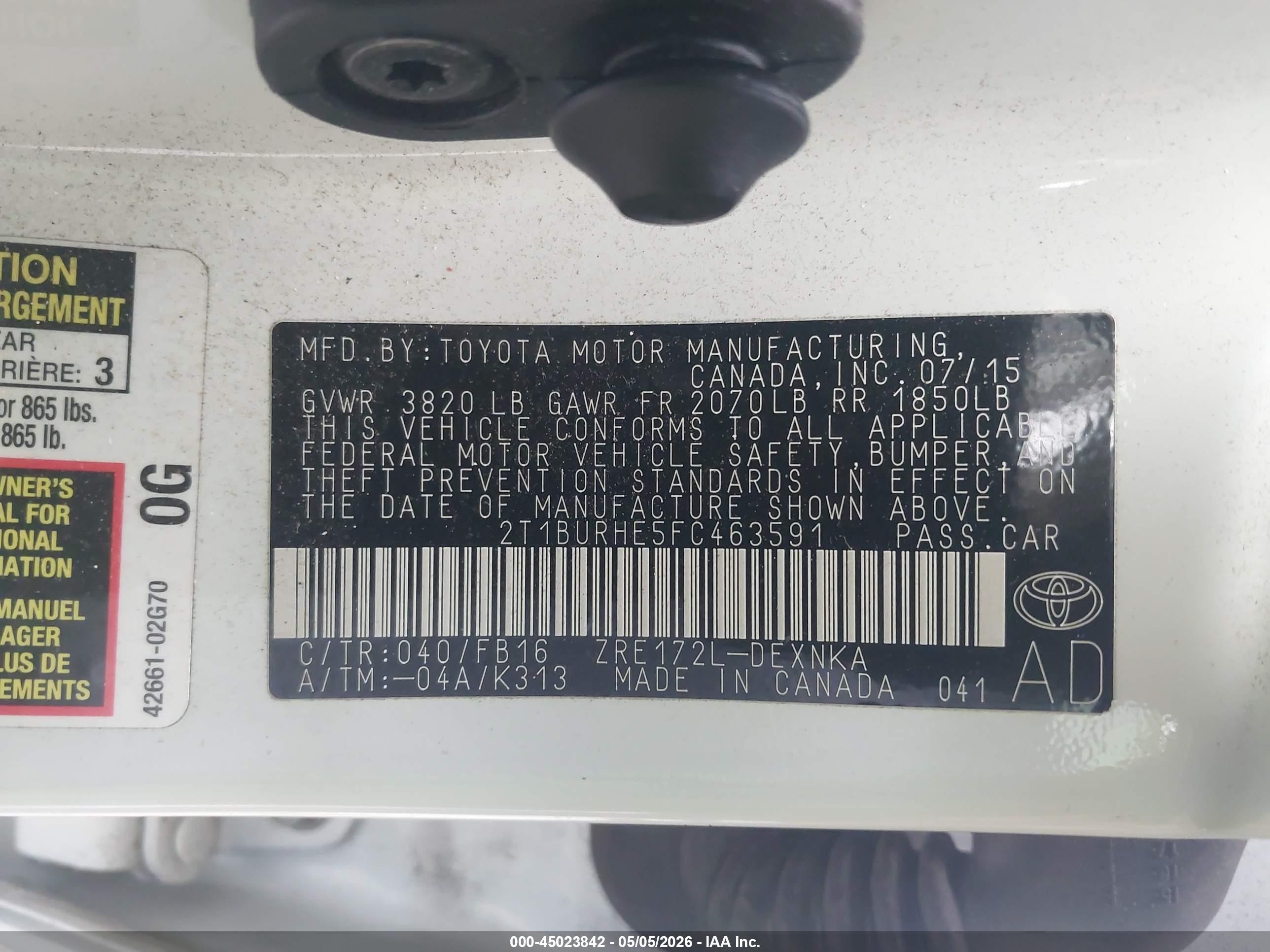 2015 Toyota Corolla Le White vin: 2T1BURHE5FC463591