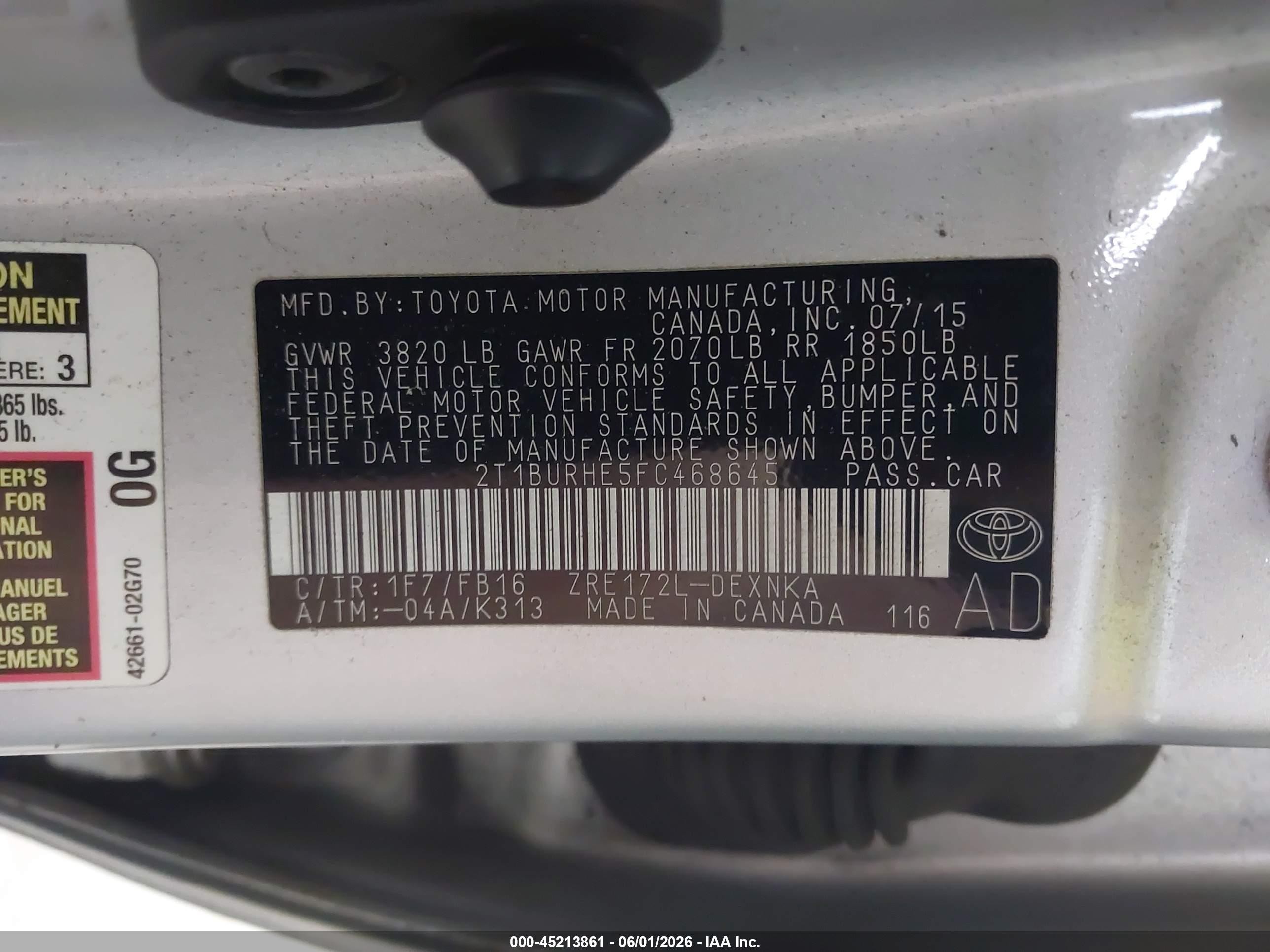 2015 Toyota Corolla Le Silver vin: 2T1BURHE5FC468645