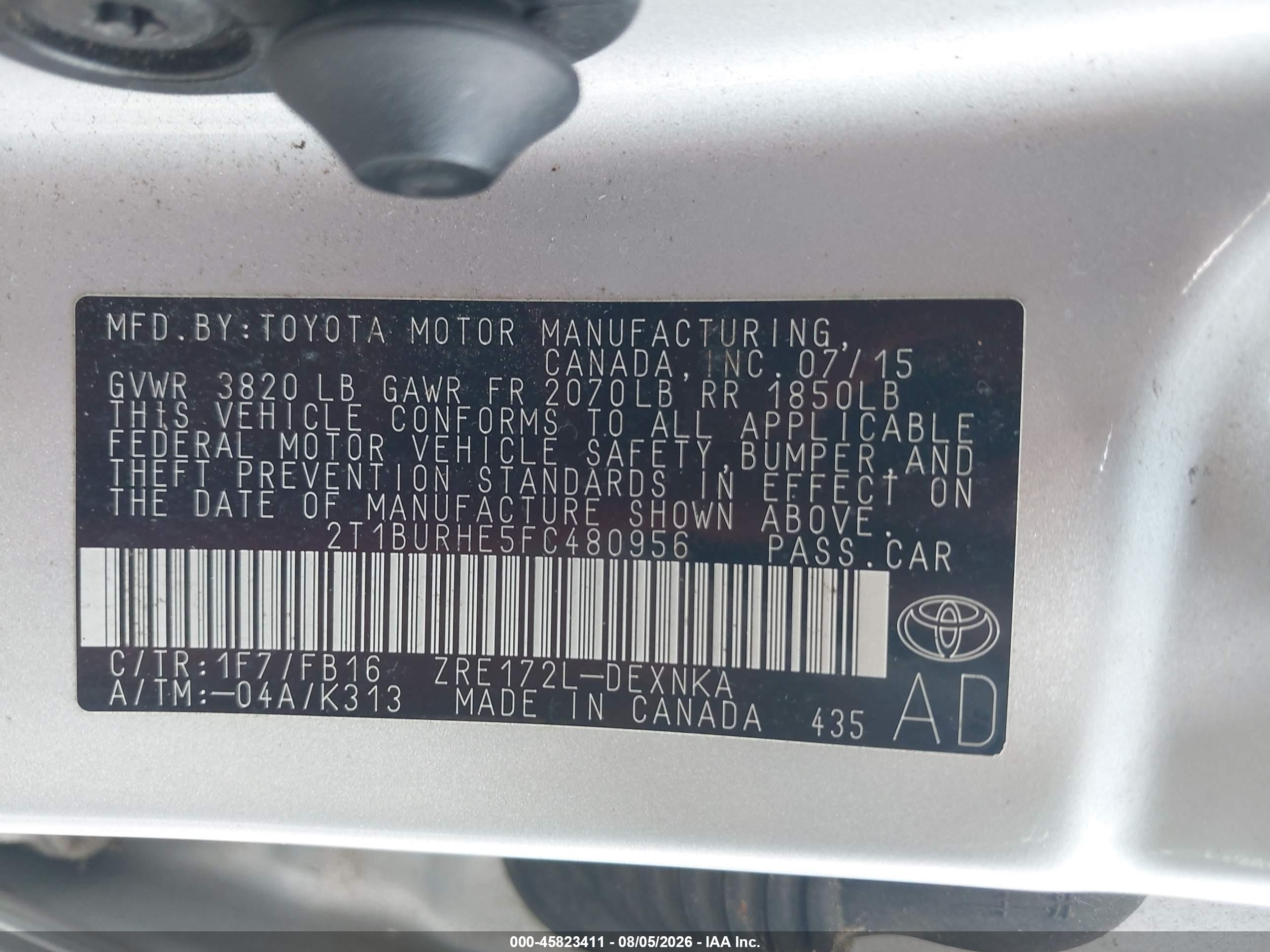 2015 Toyota Corolla Le Серебряный vin: 2T1BURHE5FC480956