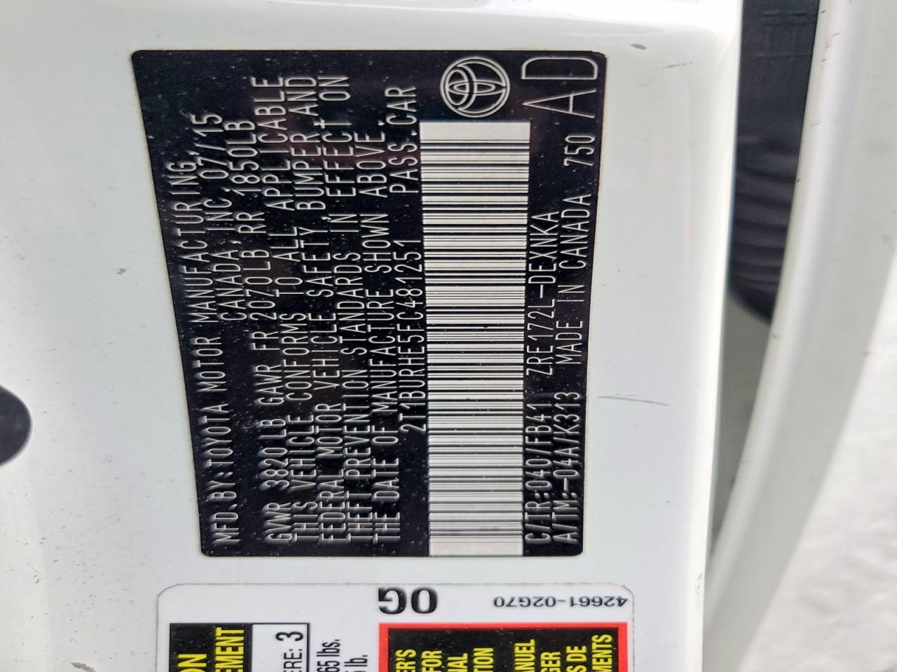 2015 Toyota Corolla Le White vin: 2T1BURHE5FC481251