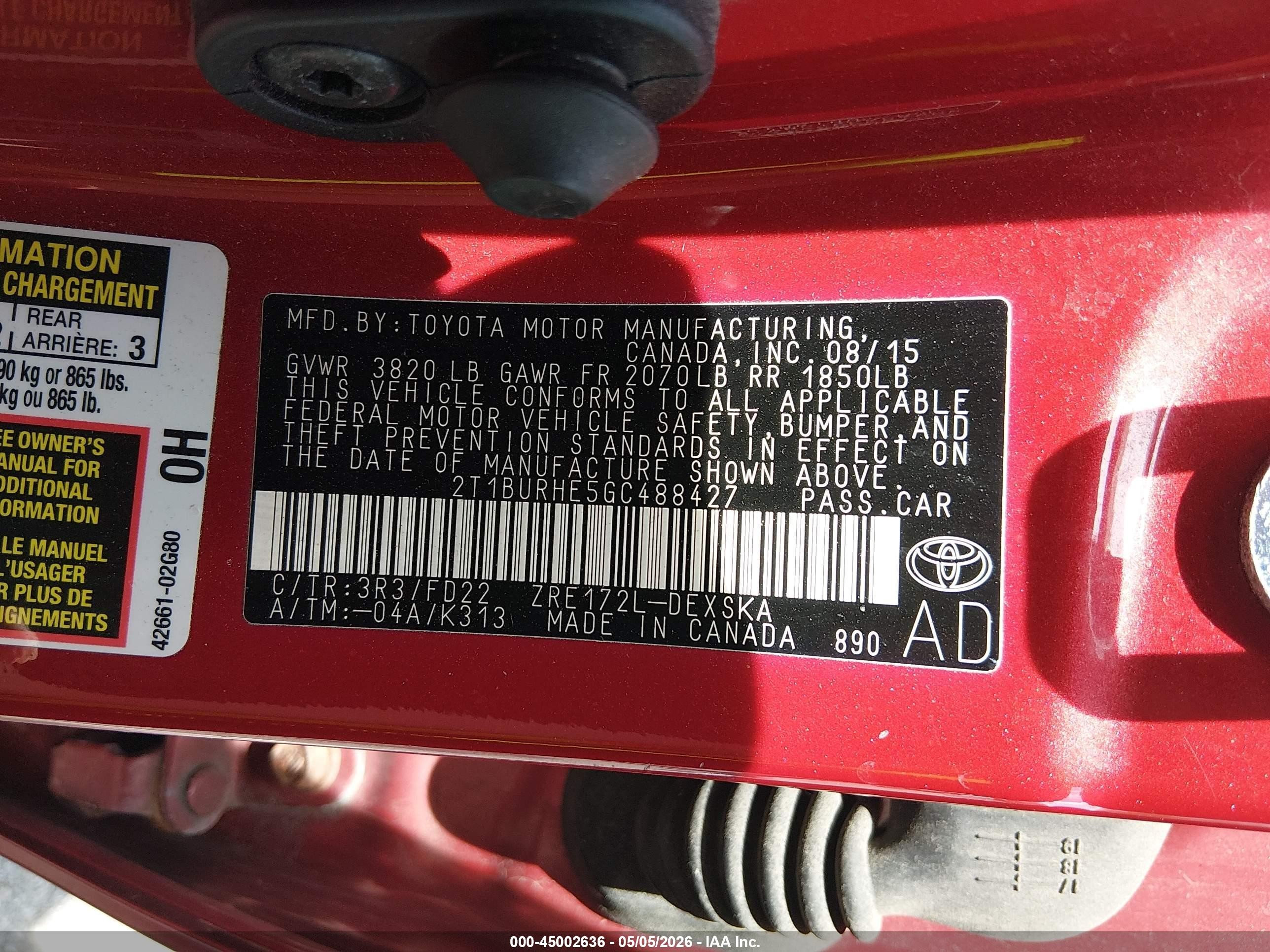 2016 Toyota Corolla S Plus Red vin: 2T1BURHE5GC488427