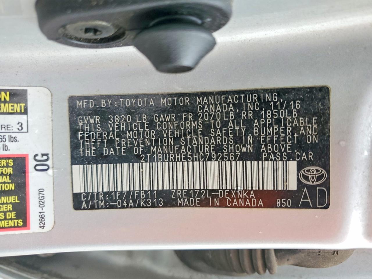 2017 Toyota Corolla Le Silver vin: 2T1BURHE5HC792567