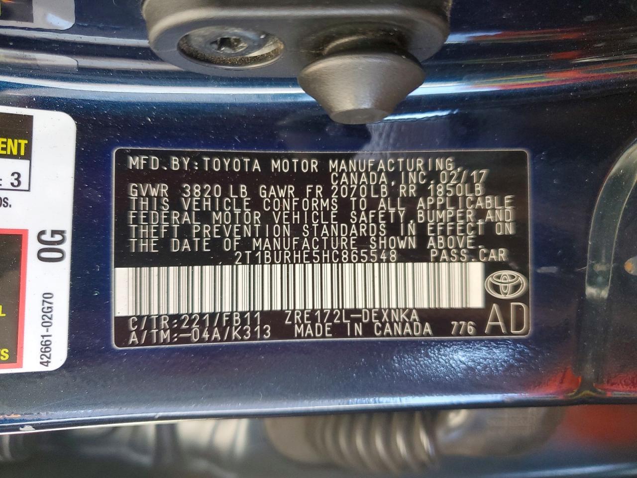 2017 Toyota Corolla Le Charcoal vin: 2T1BURHE5HC865548