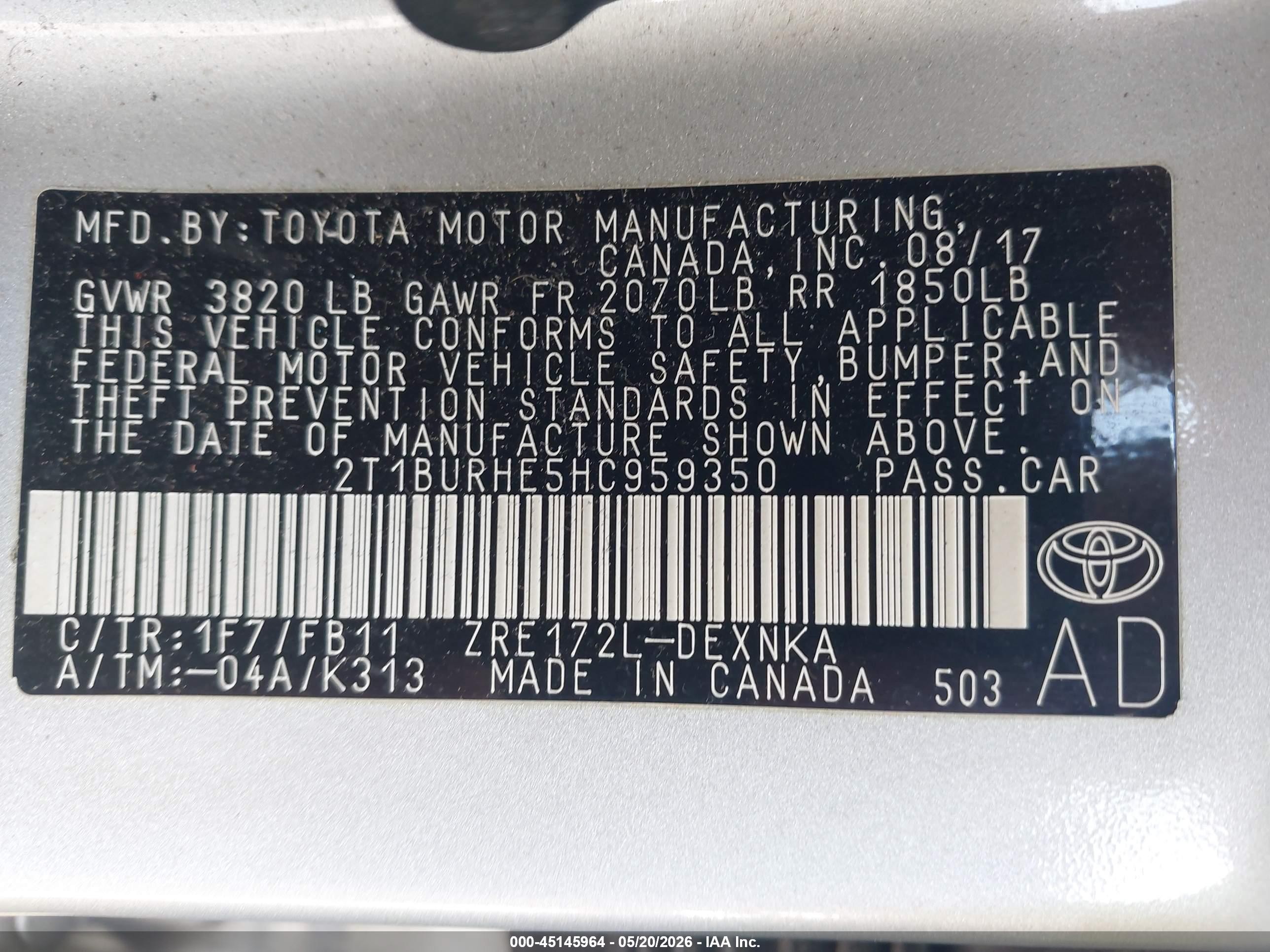 2017 Toyota Corolla Le Silver vin: 2T1BURHE5HC959350