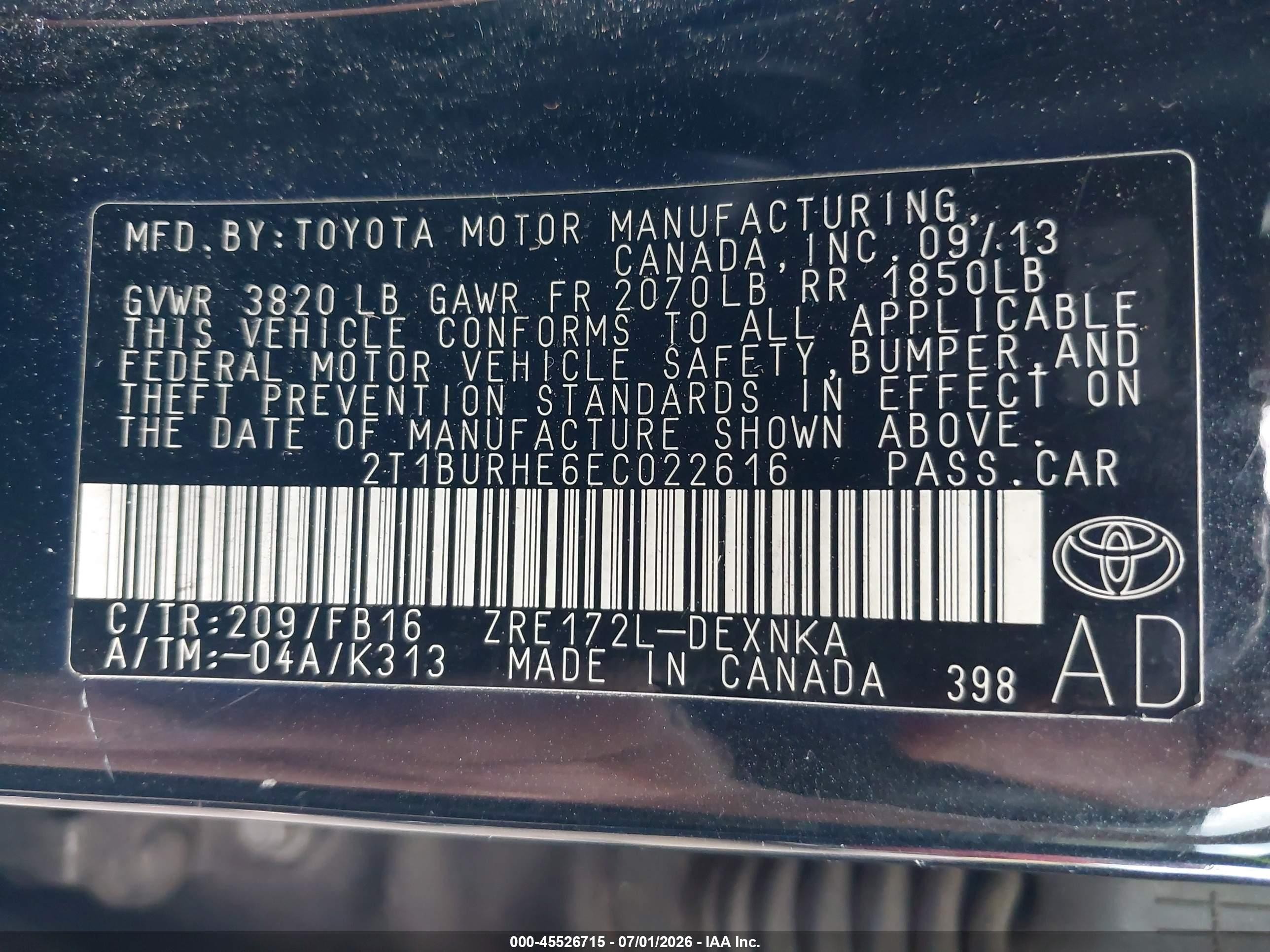 2014 Toyota Corolla Le Black vin: 2T1BURHE6EC022616