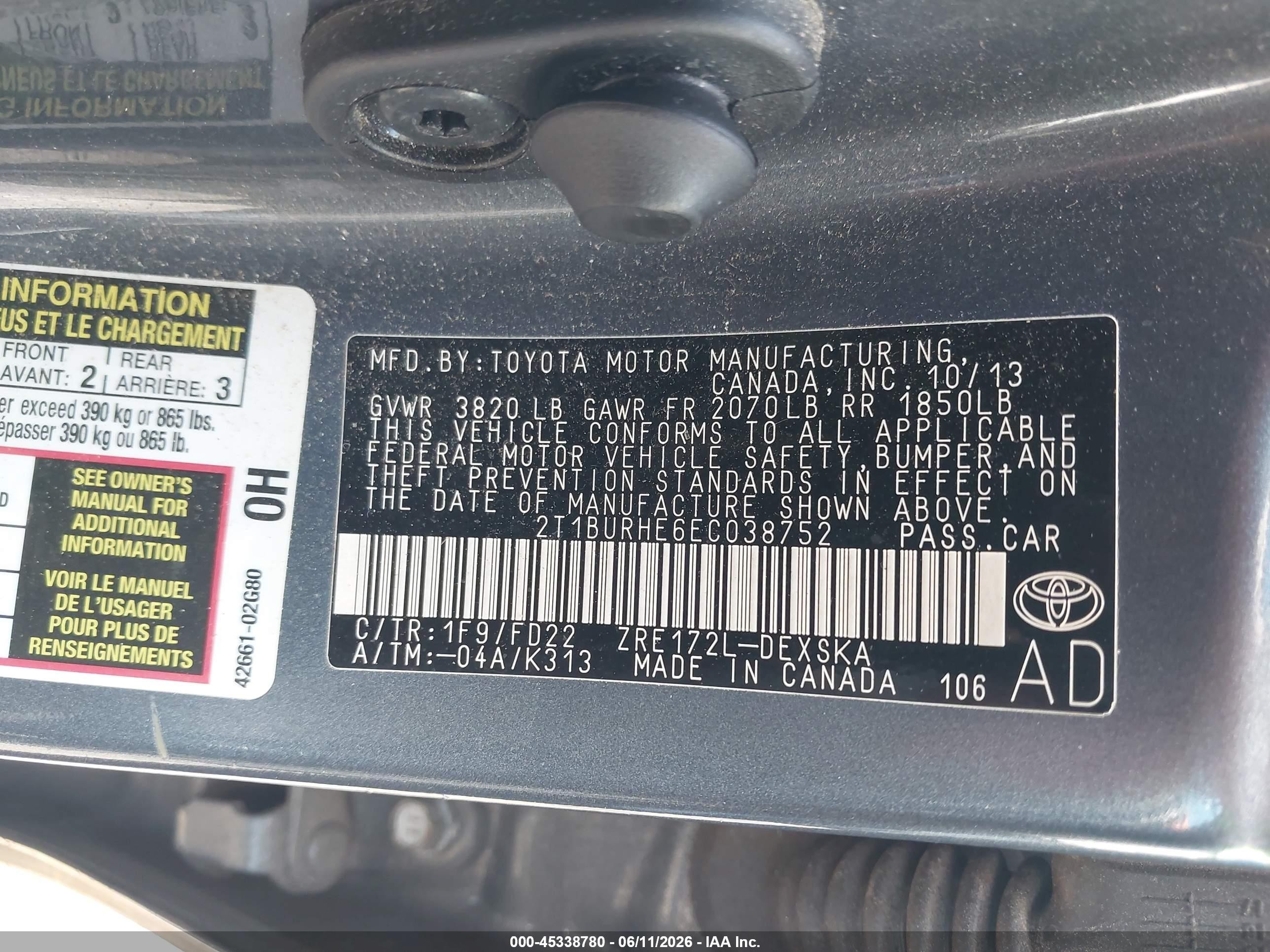 2014 Toyota Corolla S Plus Blue vin: 2T1BURHE6EC038752