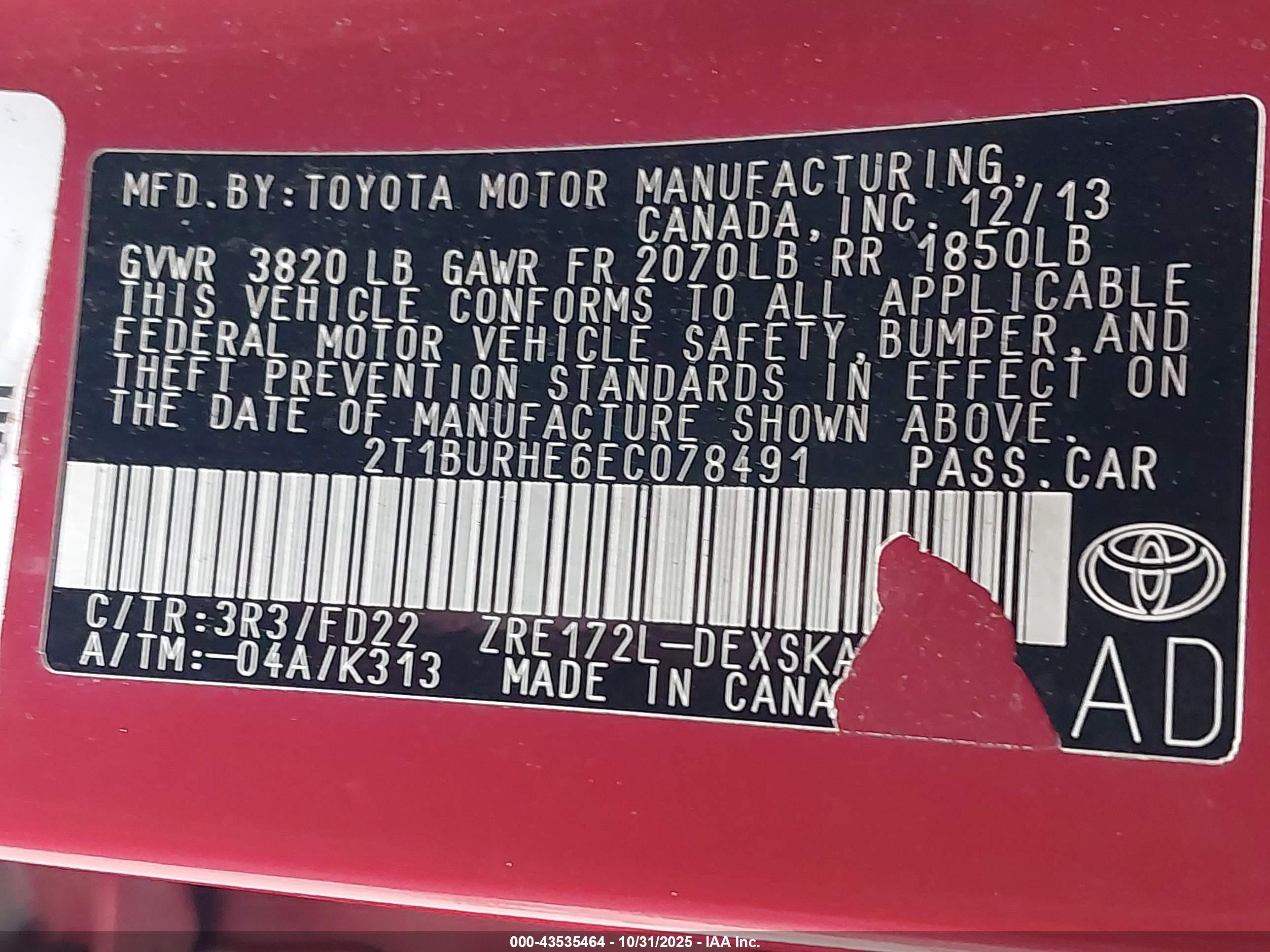 2014 Toyota Corolla S Plus Red vin: 2T1BURHE6EC078491