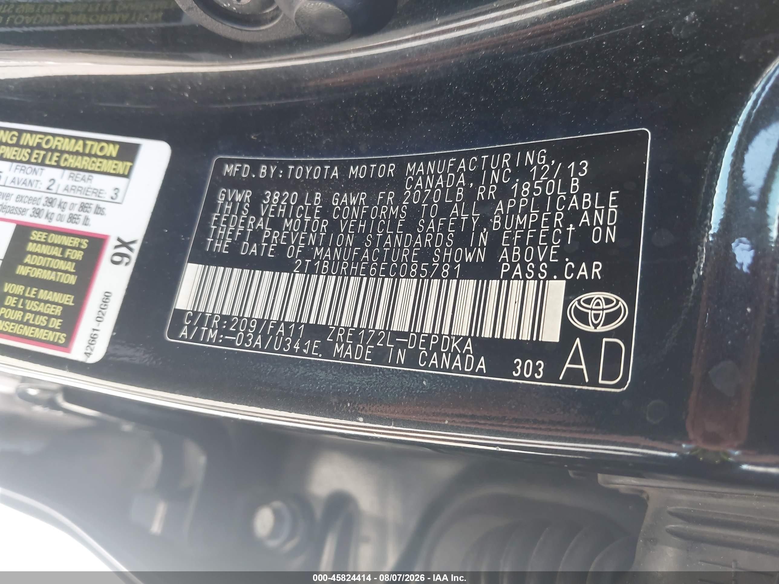 2014 Toyota Corolla L Черный vin: 2T1BURHE6EC085781