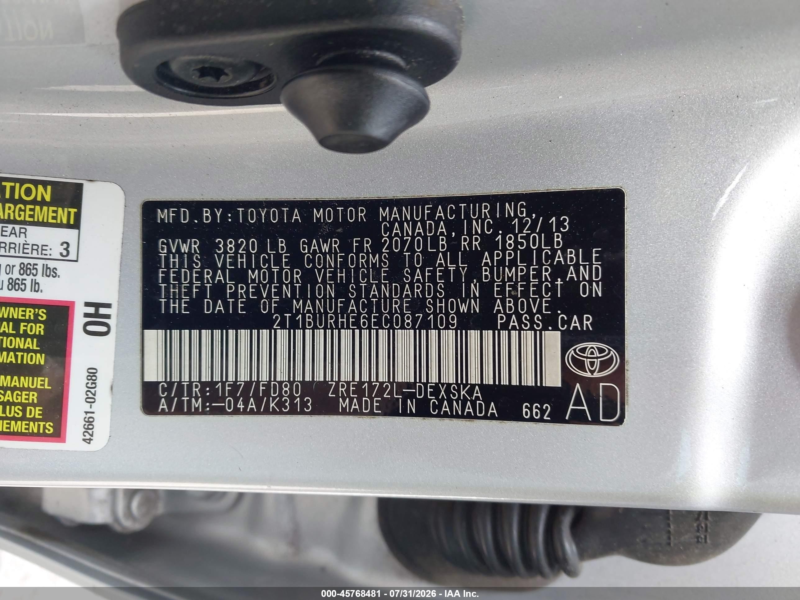 2014 Toyota Corolla S Plus Silver vin: 2T1BURHE6EC087109