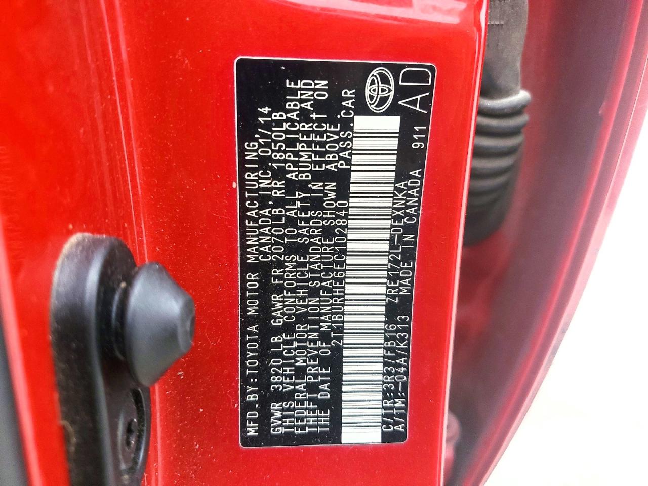 2014 Toyota Corolla Le Red vin: 2T1BURHE6EC102840