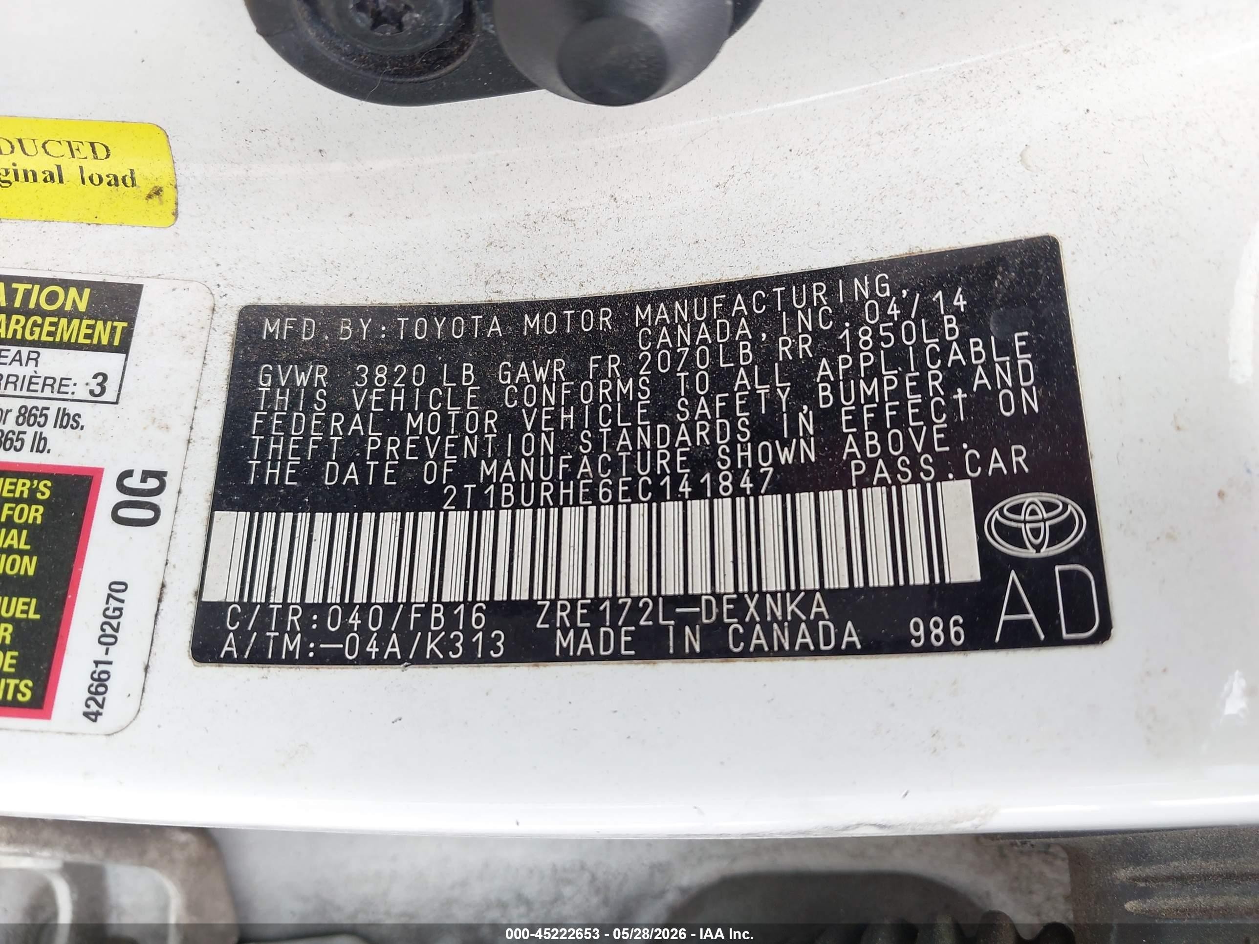 2014 Toyota Corolla Le White vin: 2T1BURHE6EC141847