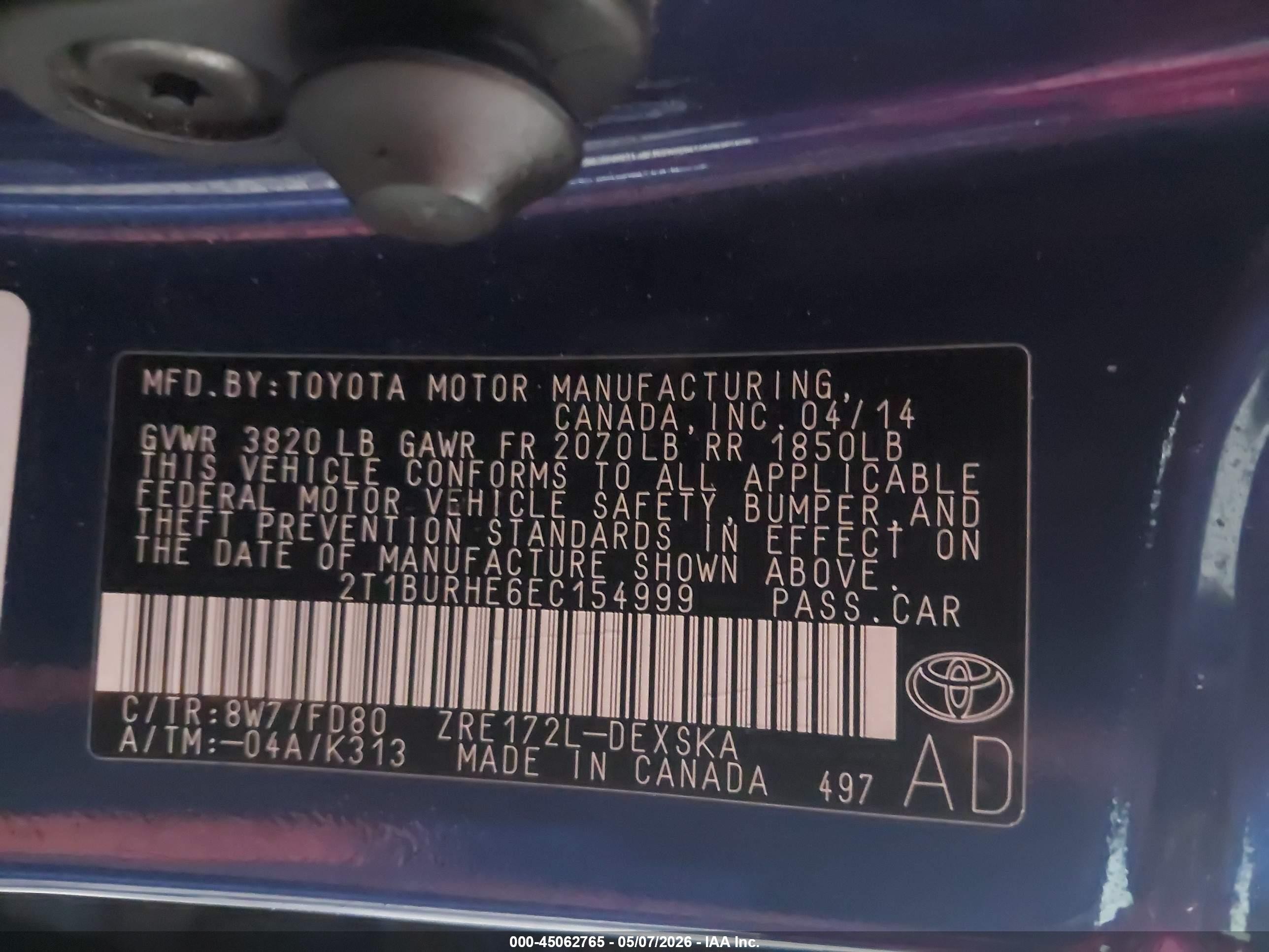 2014 Toyota Corolla S Plus Blue vin: 2T1BURHE6EC154999
