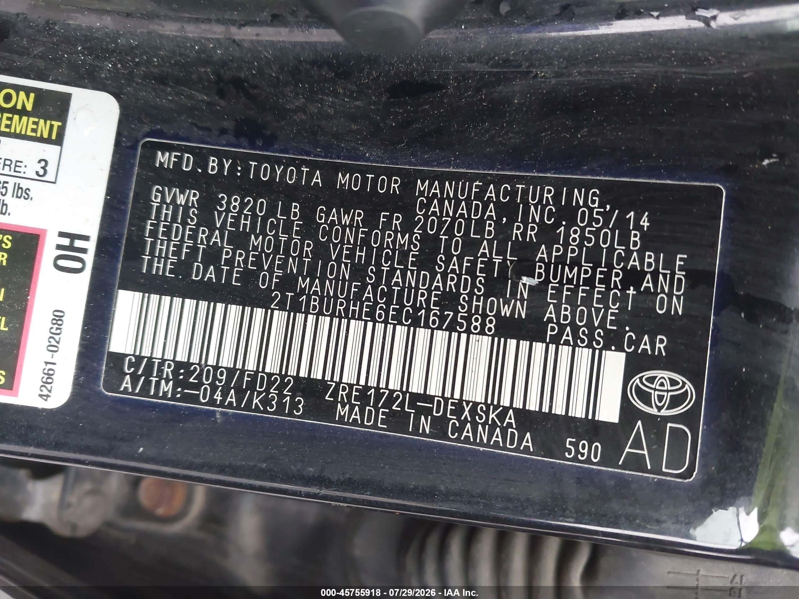 2014 Toyota Corolla S Plus Black vin: 2T1BURHE6EC167588