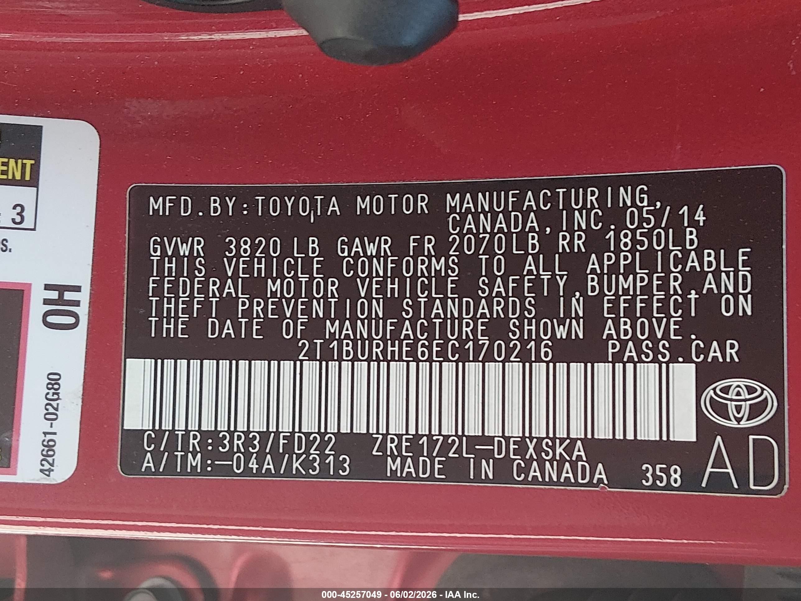 2014 Toyota Corolla S Plus Red vin: 2T1BURHE6EC170216